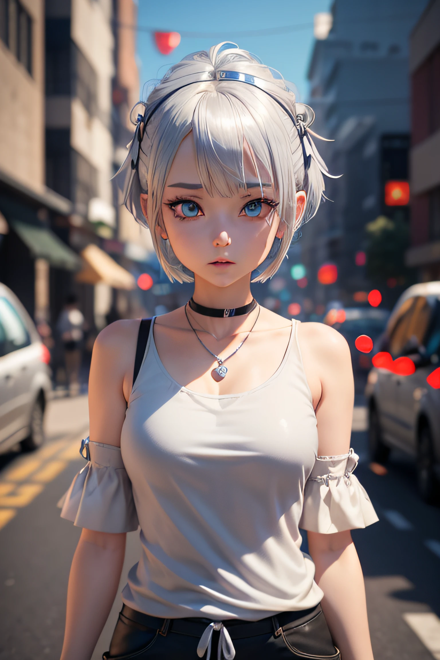 Anime girl with blue eyes and necklace on her neck, anime styled 3d, stylized anime, Silver Haired Girl, stylized anime, Live2D Virtual YouTuber Model, Silver Haired Girl, render of a cute 3d anime girl, White short haired girl, anime moe artstyle, Rem Resero, silver-haired, Anime style. 10