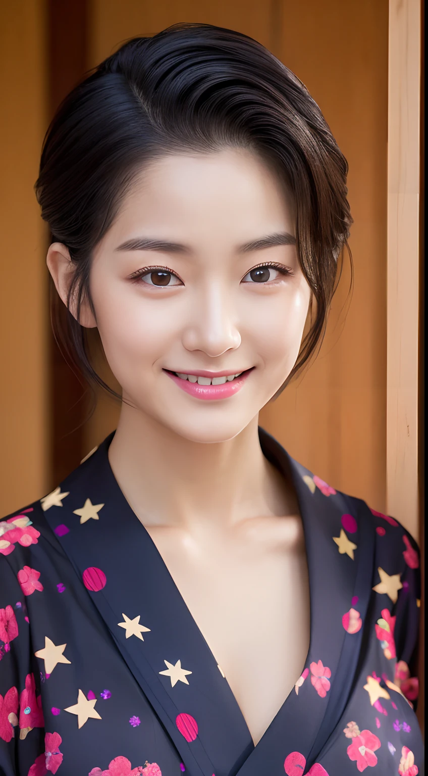 Realistic photos of (1 cute Korean star) slicked hair back, thin makeup, slightly smile, 32 inch breasts size, wearing yukata, in the Japanese house, close-up portrait, UHD