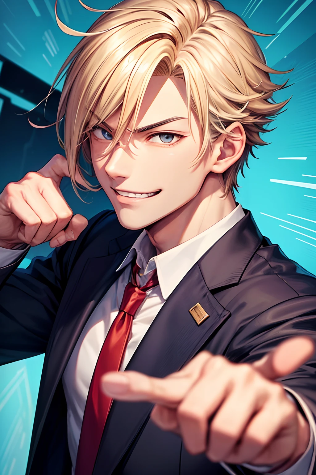 Japan male character with blond hair. He should have a strong and intense gaze, wide, Toothy smile, And sporty appearance. Hot-tempered image,Man smells,He wears a blue suit without a tie, Exudes an energetic and enthusiastic personality. This character is the main character, leading part, And a charismatic leader. He should look handsome and full of high energy. Illustrations should only feature male characters without backgrounds, In bust-up shots.Shot from face to chest,one shot,Only one person,One man