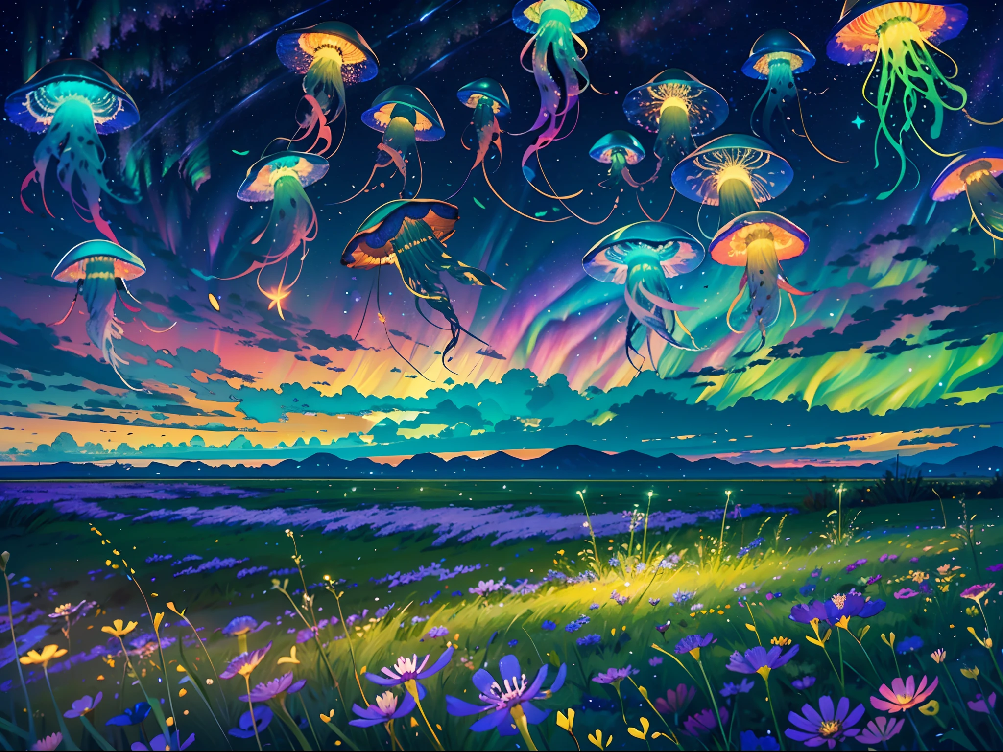 night, vast plain of grass, floating colorful jellyfish, lost of jellyfish floating around, sea of flower, fireflies, (vivid aurora on the sky), stars,colorful constellations,luminous glow,whispering grass,enchanted spectacle,azure night sky,mesmerizing tranquility,illuminated petals,celestial serenity