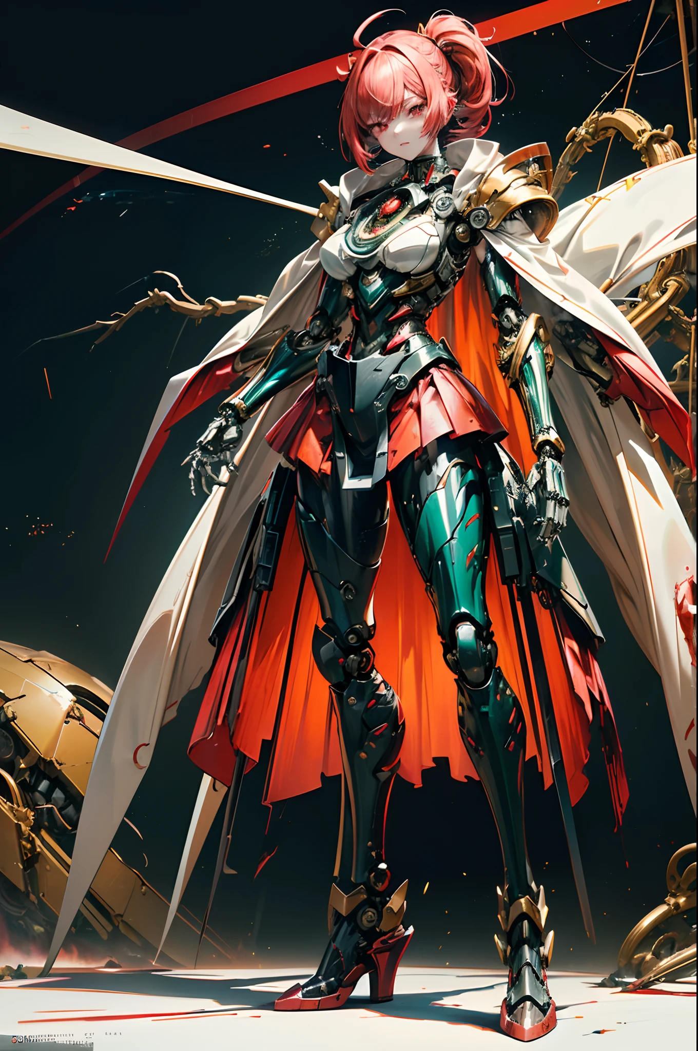 (((masutepiece))), (((Best Quality))), ((Ultra-detailed)), (High Definition CG Illustration), ((extremely delicate and beautiful)),Cinematic Light,((1mechanical girl)),Solo,Full body,(Machine-made joints:1.2),((Sea green twin-tailed hairstyle and red eyes)),(blood vessels connected to tubes),(mechanical vertebra attaching to the back),((mechanical cervial attaching to neck)),(Fiery fist:1.2),(Burnt mechanical limbs:1.2)(Character Focus),ighly detailed,Colorful,highest details, Mechanical Lifeform Female, Anime style, Full body, Cyberpunk Magical Girl, , Wearing a shabby cloak and red skirt, Burning pit in the chest, Standing in the wasteland, Wearing long boots, bodybuilder, Digital Painting, 8K High Resolution, trend artstation, White background, Whole body,