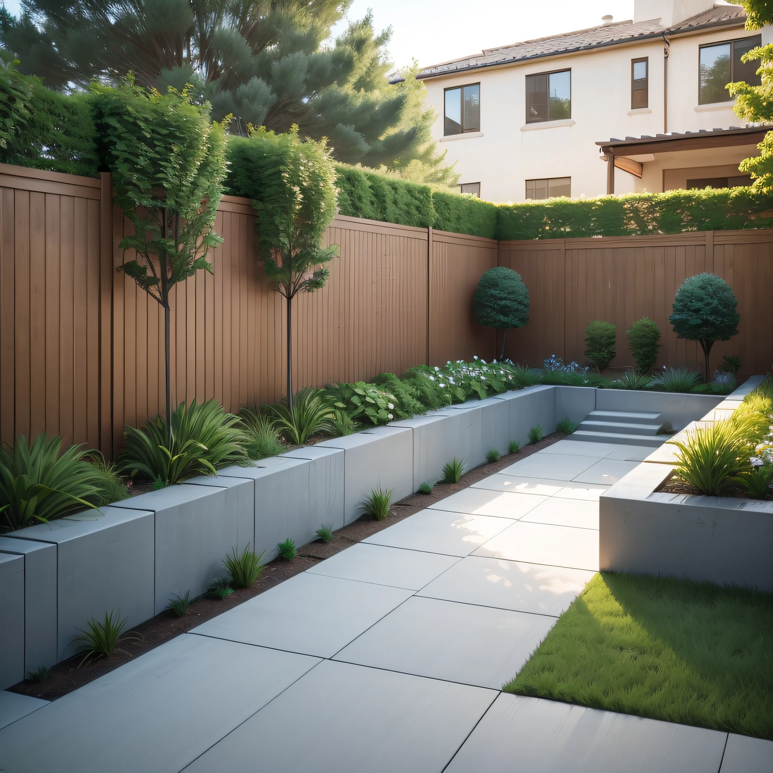 Low-maintenance side yard ideas with  Retaining Walls and Privacy Screens