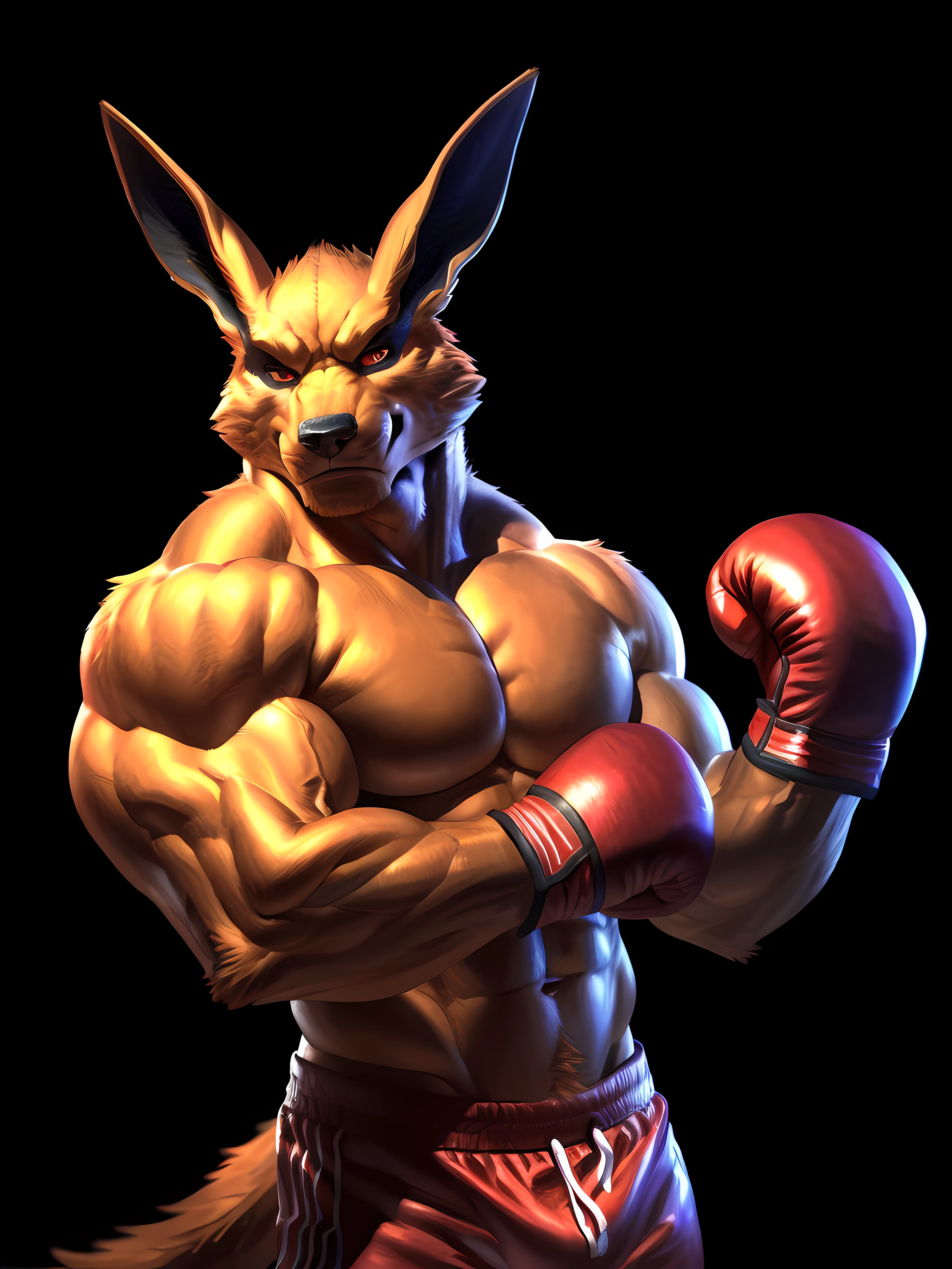 kurama, wearing boxing gloves, 4k, high resolution, best quality, posted on e621, solo, anthro body, male, adult, very masculine, (very muscular, very defined muscles, strong pectorals, large pecs, muscular arms, muscular legs, heavyweight:1.2), correct anatomy, (black background, no background, featureless background:1.2), (by vorusuarts:0.6), (by spelunker_sal:0.6), (taran fiddler anatomy:1.0), (red boxing trunks, red boxing gloves), (detailed eyes:1.2), (detailed shading, photorealistic shading, masterpiece:1.2), confident, proud, strong, front view, half body, angry face, furrowed brows, single tail, (front view, facing the camera, looking at camera:1.2)