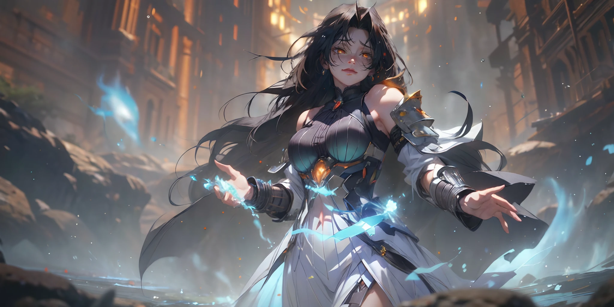 (black hair long hair:1.6), orange eyes, 1girl, solo,  breasts, dress, large_breasts, bare_shoulders, water, armor, glow effects, godrays, Hand drawn, render, 8k, octane render, cinema 4d, blender, dark, atmospheric 4k ultra detailed, cinematic, Sharp focus, big depth of field, Masterpiece, colors, 3d octane render, 4k, concept art, trending on artstation, hyperrealistic, Vivid colors, extremely detailed CG unity 8k wallpaper, trending on CGSociety, Intricate, High Detail, dramatic, glowing eye