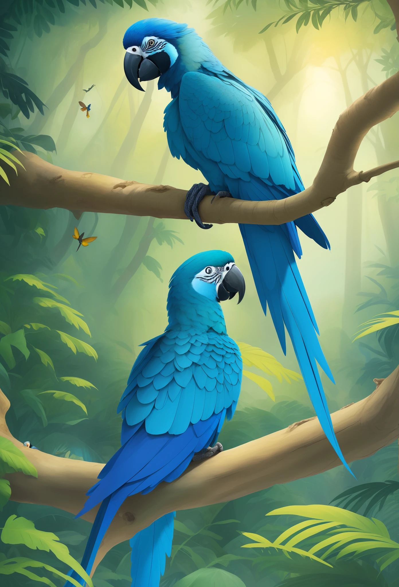 There is 1 blue parrot sitting on a branch in the jungle, blue arara, Aves f CGSetalation, Papagaio, aves tropicais, ethereal macaw, 8k arte detalhada de alta qualidade, a beautiful artwork illustration, pintura detalhada 4K, Arte bonita UHD 4K, illustration 8 k, paper awesome wallpaper, paralelo, Arte altamente detalhada em 4K