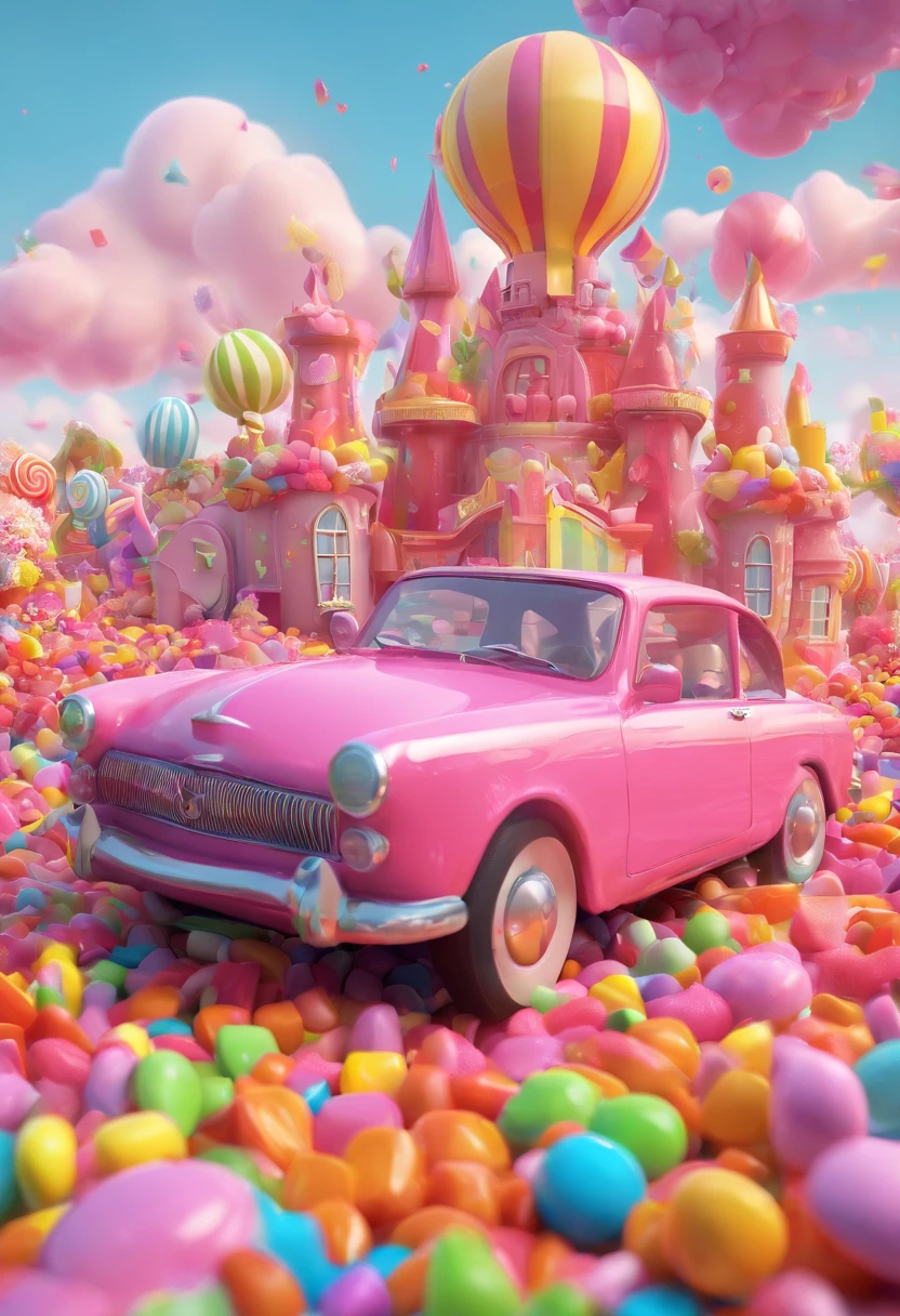 a car is driving in the Candy Kingdom. In the distance, there are pink castles, rainbows, hot air balloons, colorful clouds, and trees made of candy on both sides of the road. Fantastic,