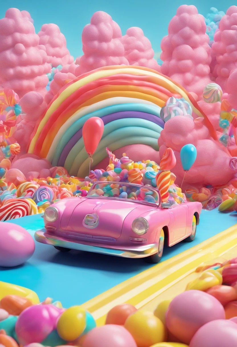 a car is driving in the Candy Kingdom. In the distance, there are pink castles, rainbows, hot air balloons, colorful clouds, and trees made of candy on both sides of the road. Fantastic,