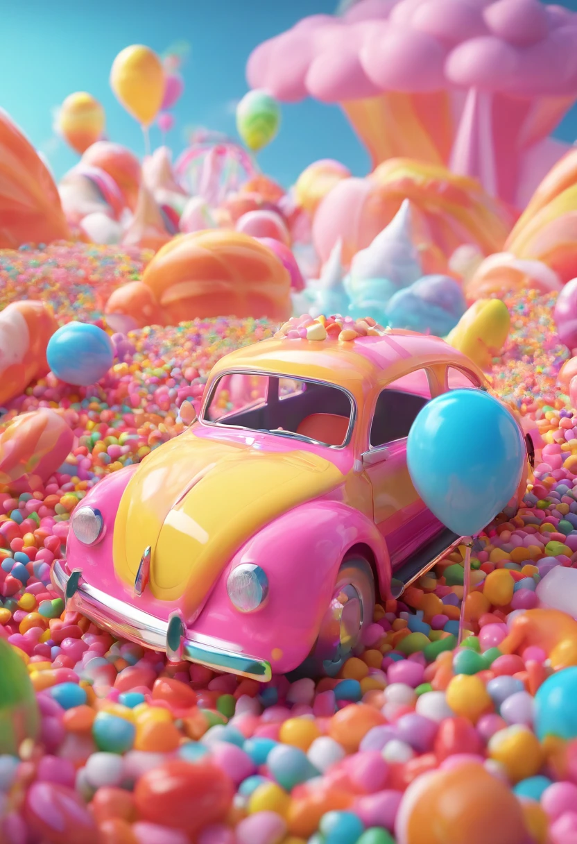 a car is driving in the Candy Kingdom. In the distance, there are pink castles, rainbows, hot air balloons, colorful clouds, and trees made of candy on both sides of the road. Fantastic,