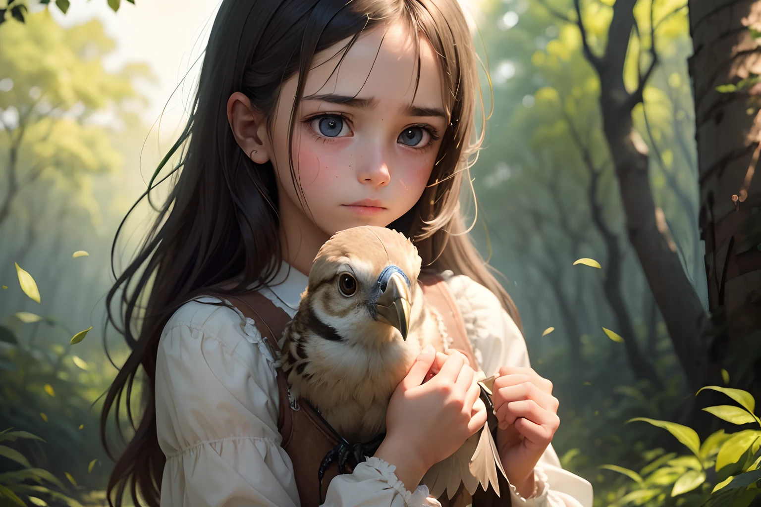 Show a scene where a young girl named Maria is gently picking up the injured bird with a worried expression on her face. She should be cradling the bird in her hands.