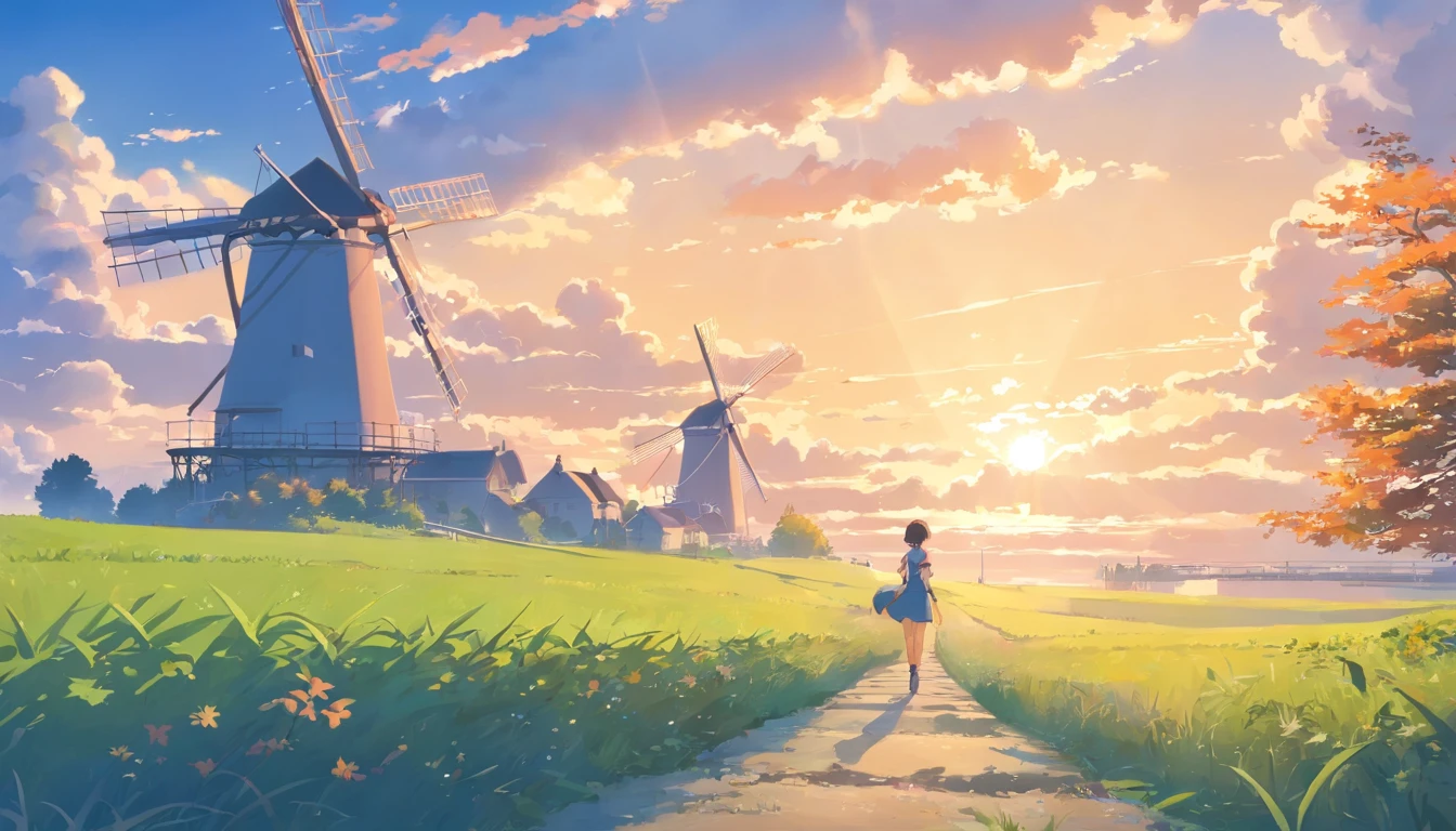17th century European style，Blue sky，There are white clouds in the sky，Underground is Dutch architecture，There are big windmills，There are working people