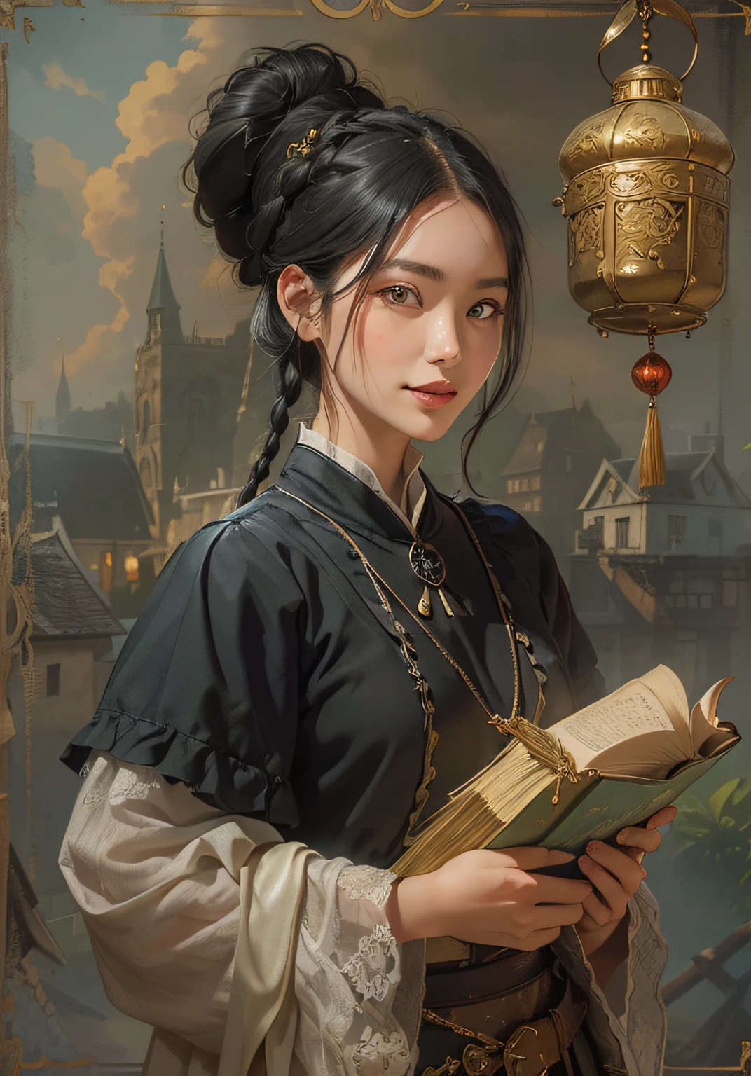 ein (Vietnamese girl) with beautiful eyes, (schwarzes Haar), Ein ein Alchemisten-Buch lesend, ein alchimistisches Buch lesend, Numerous award-winning masterpieces, mit unglaublichen Details, Texturen und maximale Detailgenauigkeit, Frau im langen Kleid , , (Nachtansicht), Weibliche Nekromantin, Weiblicher Zauberer, Frau aus Vietnam , Sanfte Augen, (She has a mischievous smile on her face), Friendly and girlish face, Glasohrringe an den Ohren, In her hand she holds an old, in Leder gebundenes Buch der Magie, ((((full-length portrait)))), ((((Full body freeze frame)))), ((((gives a standing full body image)))), (Um ihren Hals, She wears a simple necklace of exquisite workmanship), In her right hand she holds an old, in Leder gebundenes Buch der Magie, In her left hand she holds a small hanging lantern, ((black hair parted and braided into two braids)), (((sober, bescheidenes Stoffkleid mit eleganten Verzierungen))), rotbraune geflochtene Sandalen, (((Kleid aus Stoff))), ((She wraps a worn-out coat over her shoulders)), ((schaut nach oben)), ((Blick nach unten)), (Zimmer des eines Alchemisten), (Werkstatt des eines Alchemisten), (Labor des eines Alchemisten), (Ruine einer alten Burg), (Ruinen einer alten Burg), (Verlassene Ruinen), (crumbling ruins)