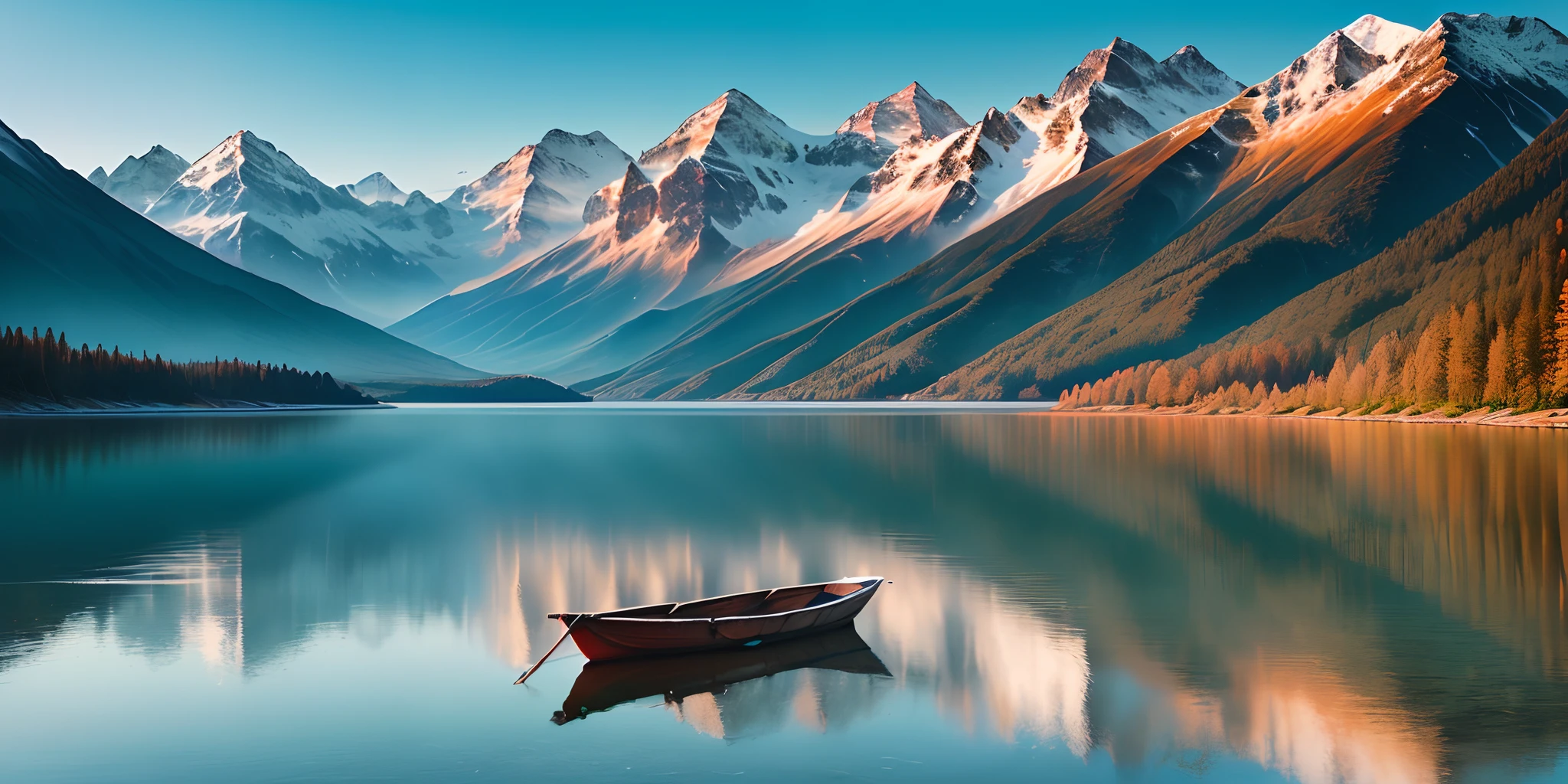A flat boat on a calm and transparent lake,The mountains loom in the distance and are emerald green