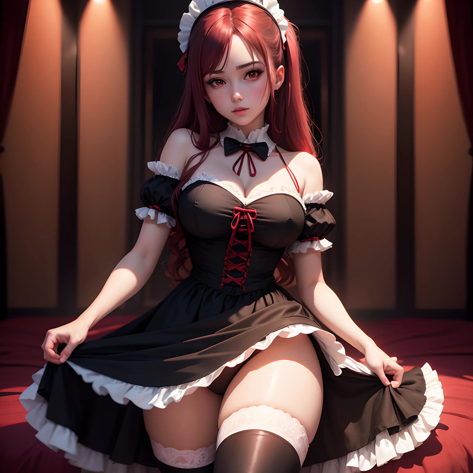 Masterpiece, Best Quality, hight resolution,  anime girl, ( red lighting) in black tones, Maid costume, Maid costume,