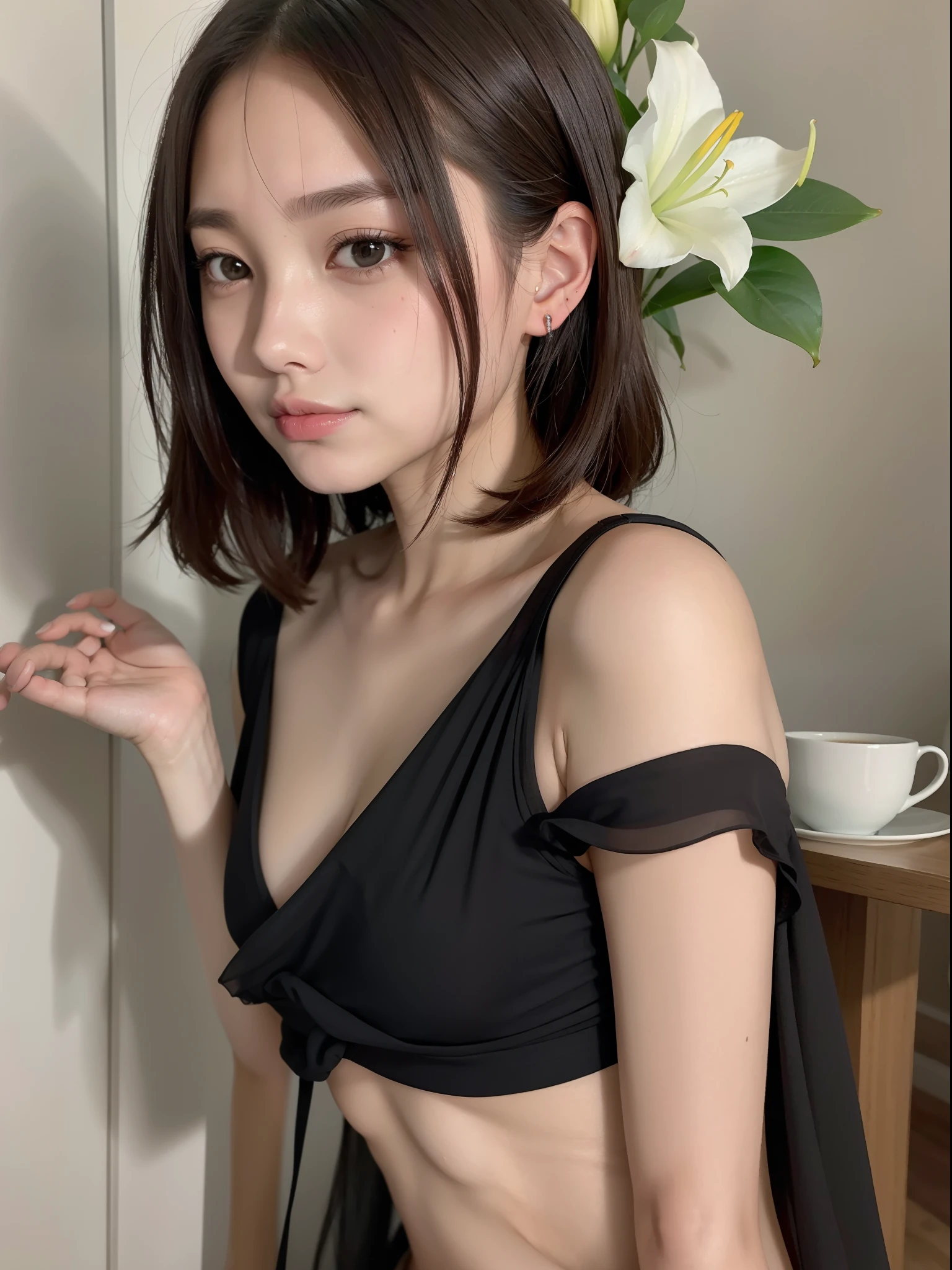 ((of the highest quality, 8K, masutepiece: 1.3, Raw photo)), Sharp Focus: 1.2, (1 AESPA Girl :1.1), Solo, (Realistic, Photorealistic: 1.37), (Face Focus: 1.1), Cute face, hyperdetailed face, (short messy hair: 1.2), Small Smile, Small breasts, flat chest, nude, (taking off her black chiffon shirt: 1.2), Thigh, cafe, bar, flower, lily