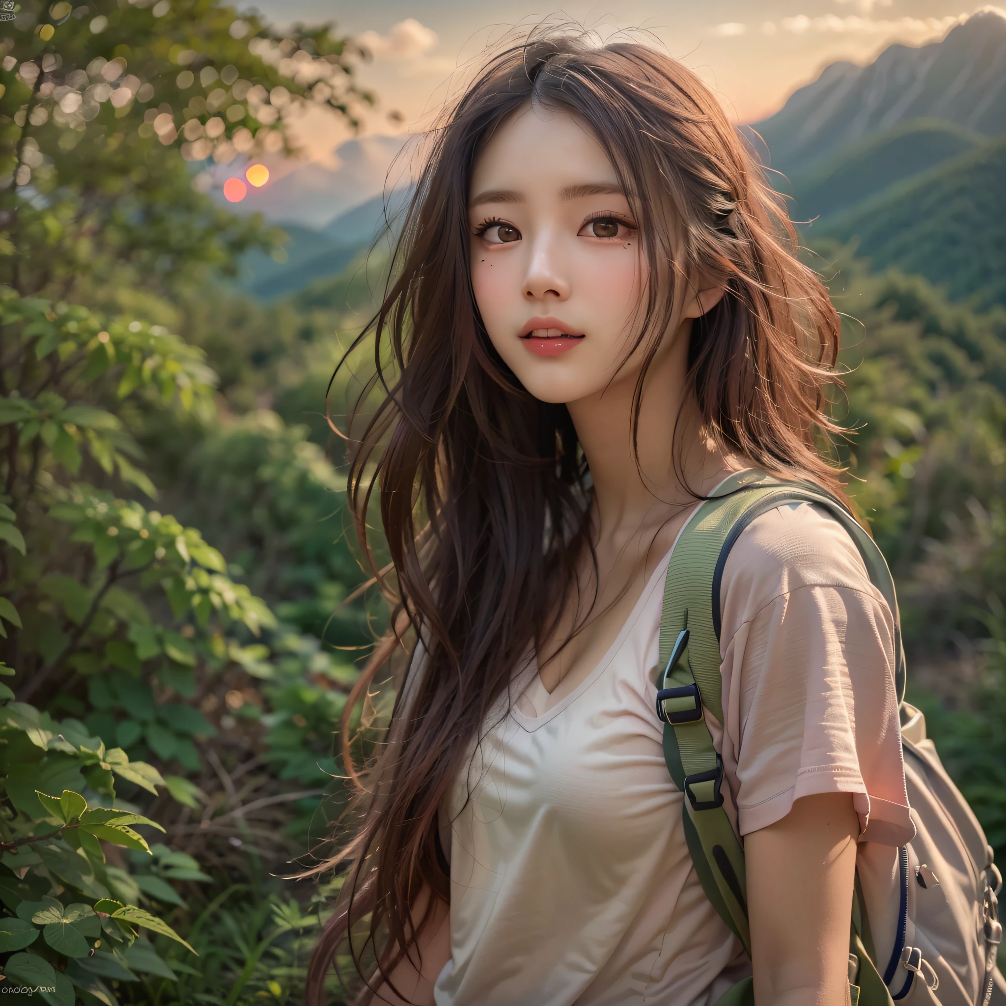 (Naturescape photography), (best quality), masterpiece:1.2, ultra high res, photorealistic:1.4, RAW photo, (Magnificent mountain, sea of clouds), (On a very high mountain peak), (sunset), (wideangle shot),  (Show cleavage:0.8),
(1girl), (Photo from the knee up:1.3), (25 years old), (smile:1.2), (shiny skin), (real skin), (semi-long hair, dark brown hair)
(Large white V-neck T-shirt, pink Trekking shorts), (Carrying a large backpack)
(ultra detailed face), (ultra Beautiful fece), (ultra detailed eyes), (ultra detailed nose), (ultra detailed mouth), (ultra detailed arms), (ultra detailed body), pan focus, looking at the audience, Colored leaves