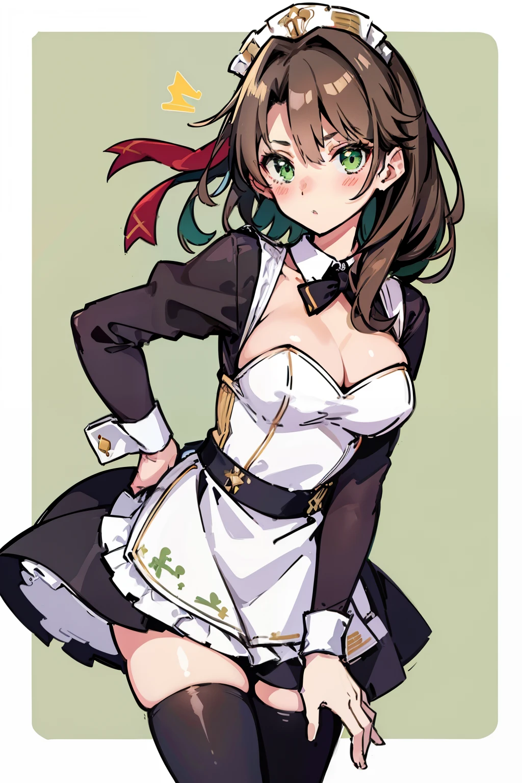 girl, Exeter, medium large breasts, brown hair, blown hair, wavy hair, medium hair, green eyes, maid, maid outfit, maid uniform, black dress, white apron, white thigh-highs, high detail, sharp image, anime style, shy, blush