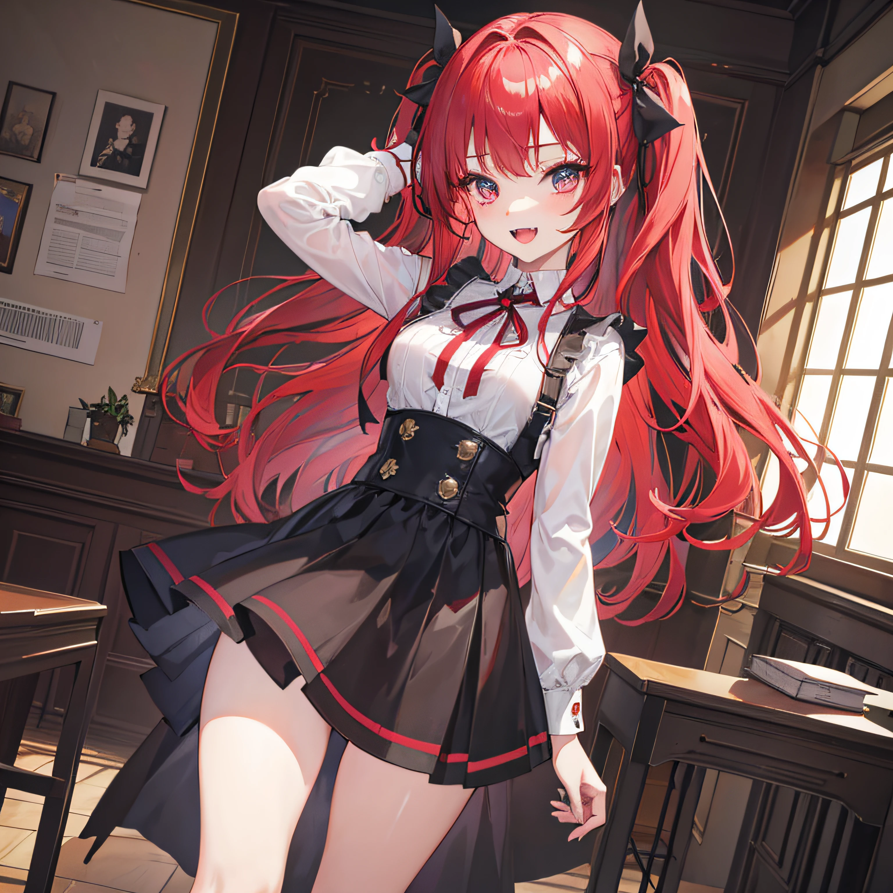Highly detailed and realistic CG, Colorful, Masterpiece, Best Quality, magnificent, jewel-like eyes, 1girl, solo, li, pee, cute girl, red hair, wavy hair, gothic school uniform, black and white clothes, smile, standing, hand on hair, gothic ribbon, ribbon tie, classroom, small breasts, open mouth, fangs, miniskirt, gothic boots, from front, dutch angle,