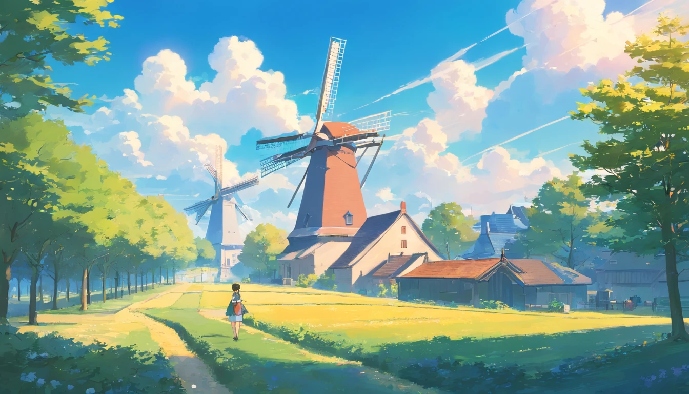 17th century European style，Blue sky，There are white clouds in the sky，Underground is Dutch architecture，There are big windmills，There are working people