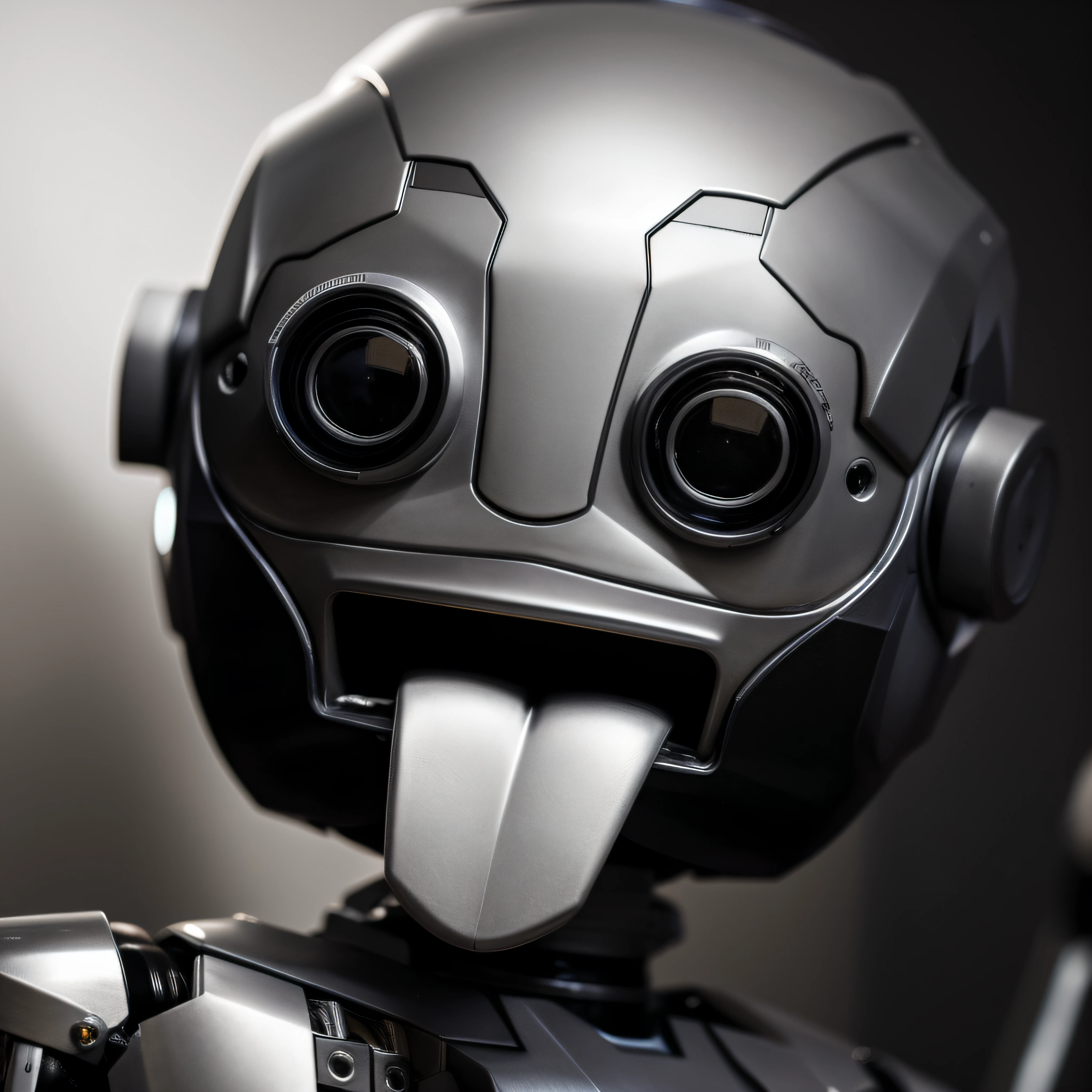 A closeup of a robot with a tongue sticking out, robot photography, robot with human face, Roubo de Einstein, robot portrait, close-up of a robot sitting down, happy robot, portrait of a robot, Robot face, Face detalhada de um androide, robotic face, cute robot, friendly robot, humanoid robot close up, evil robot, super cute robot face, adorable friendly robot