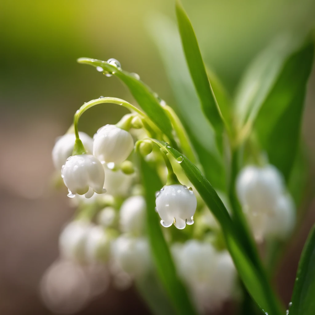 Lily of the valley, Masterpiece , macro photography , closeup cleavage，filmgrain, Bokeh , Highly detailed, Sunny Sunny weather, Microflower, The drops, bblurry,  subdued contrasts, rendering by octane , illusory engine