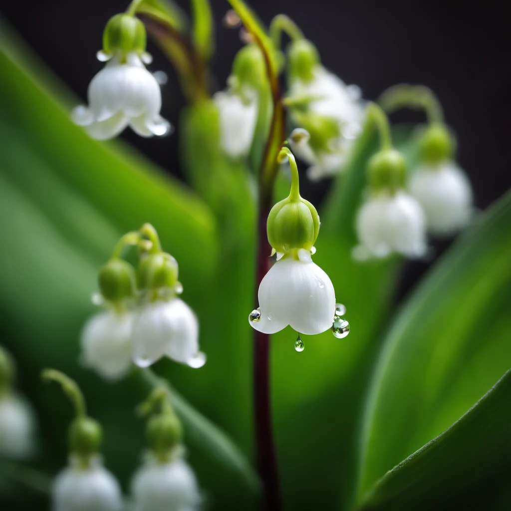 Lily of the valley, Masterpiece , macro photography , closeup cleavage,filmgrain, Bokeh , Highly detailed, Sunny Sunny weather, Microflower, The drops, bblurry, subdued contrasts, rendering by octane , illusory engine