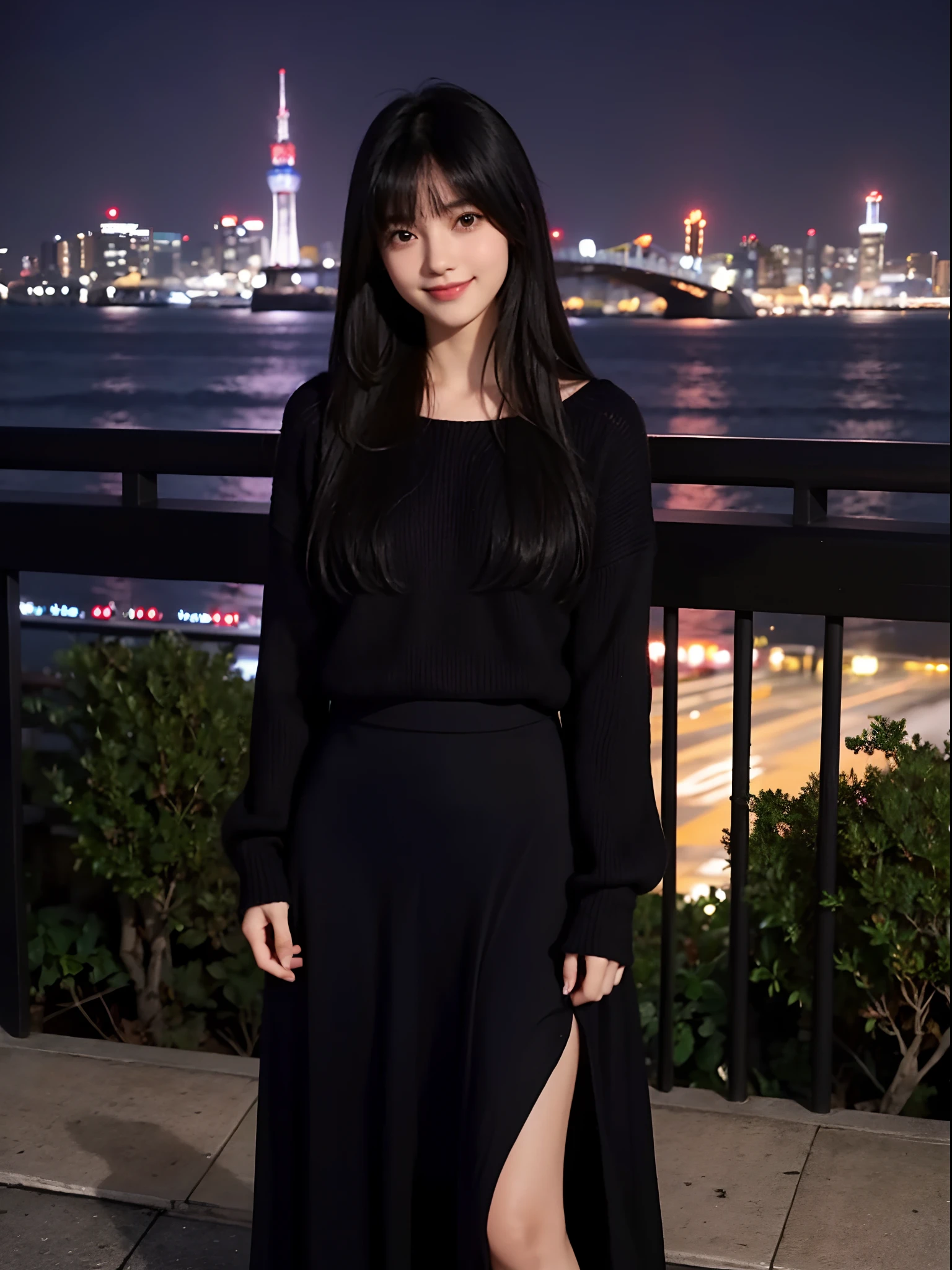 girl with１a person、１６Year old girl、cute  face、Coquettish smile、a small nose、Lustrous lips、tthin eyebrows、Pretty eyes、Very long black hair、Silky long straight hair、Beautiful bangs、Delicate figure、Sweaters、long-sleeve、long  skirt、pleatedskirt、espadrilles、night view of Tokyo