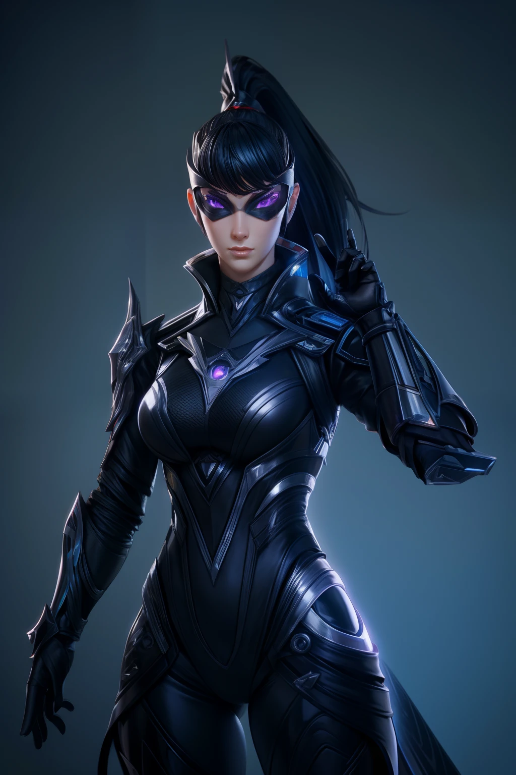 solo, super fine photo, portrait digital art Unreal Engine 5 8K UHD of a girl, concept art, character concept design, wearing black tight shiny suit with cybernetic details, high-tech armor, long black glove, ponytail hair, half face cybernetic mask, cyberpunk character, futuristic city fantasy background, best quality, masterpiece, super detailed, sharp focus, female pose