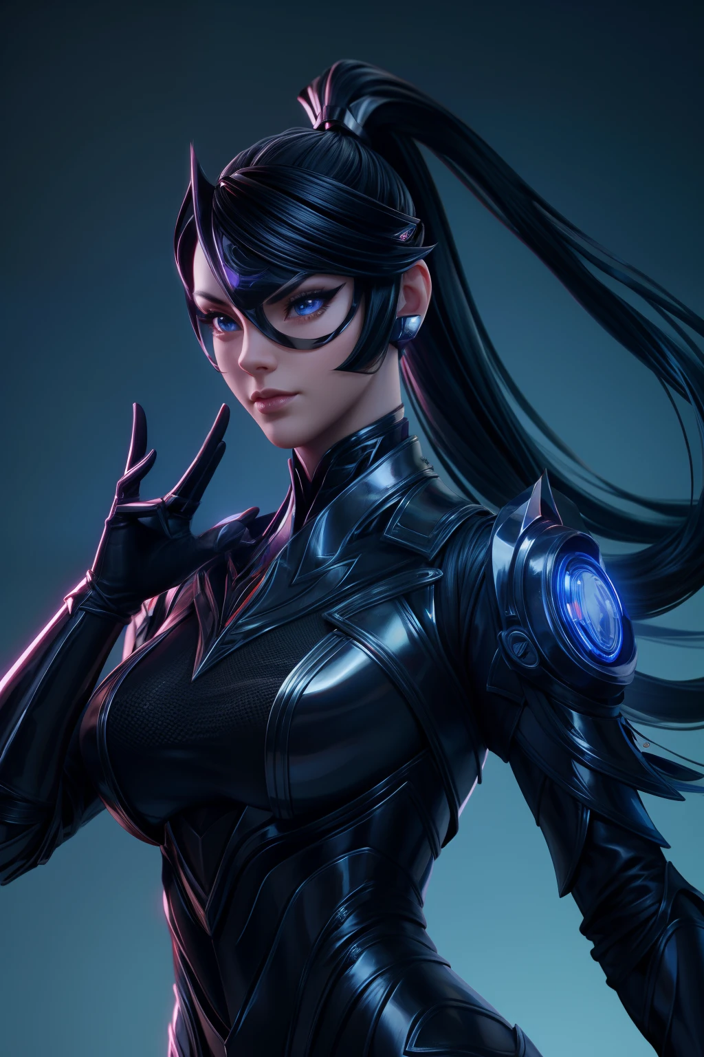 solo, super fine photo, portrait digital art Unreal Engine 5 8K UHD of a girl, concept art, character concept design, wearing black tight shiny suit with cybernetic details, high-tech armor, long black glove, ponytail hair, half face cybernetic mask, cyberpunk character, futuristic city fantasy background, best quality, masterpiece, super detailed, sharp focus, female pose