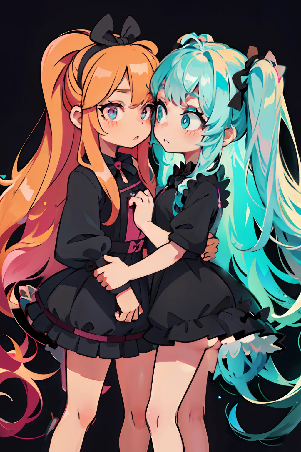 2 twin girls, with blonde medium hair,turquoise eyes,light skin, Opposite Clothing, 1 girl in a gothic black dress and with a black bow on her head from the side, 2 girl in pink cute fluffy dress and with pink bow on her head from the side