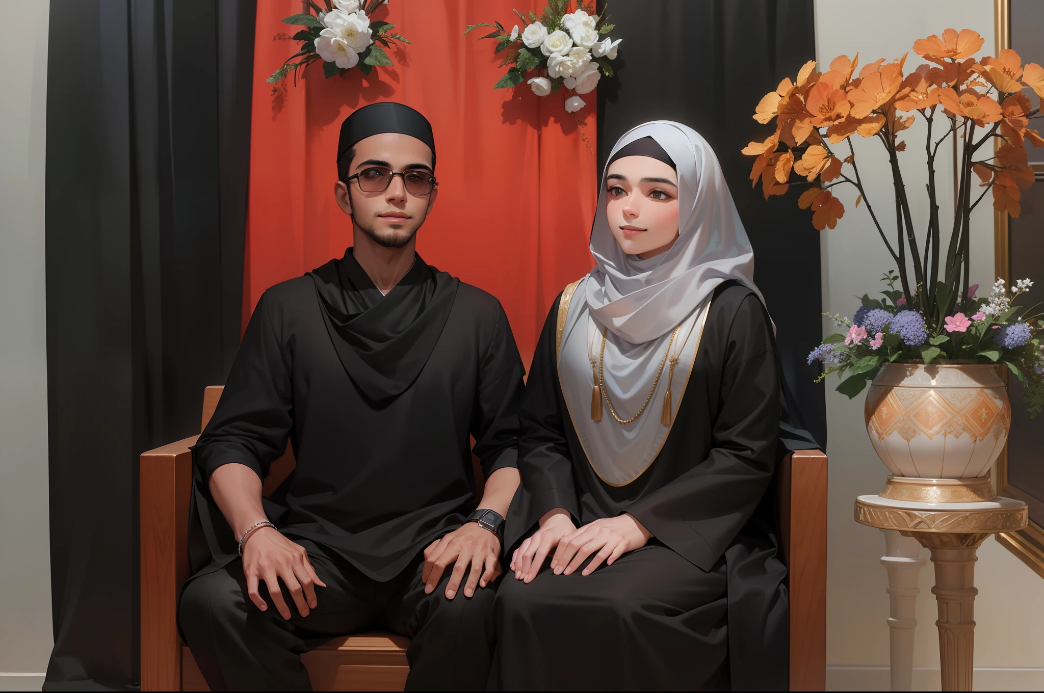 Attractive profile picture, masterpiece, ultra-precise rendering, beautiful and cool young man, trustworthy, dependable young man, savior of the world, simple design, most beautiful image, 4K, black hair, (muslim girl, white dress, shawl , smiling)
