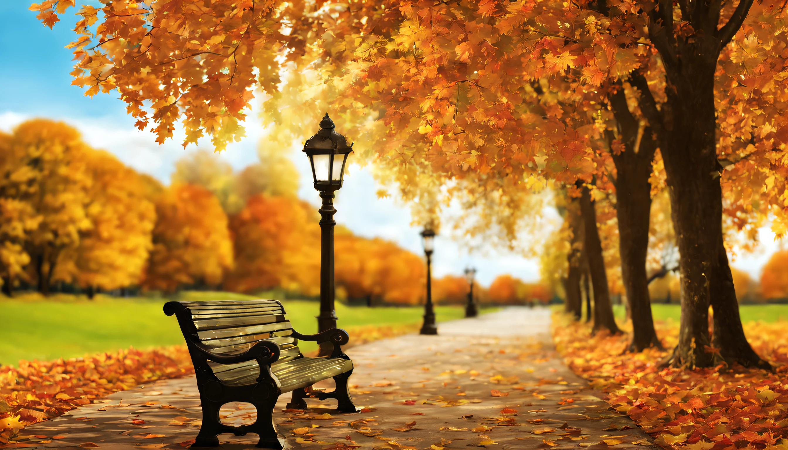 there is a bench that is sitting in the left of a park, beautiful high resolution, golden autumn, beautiful wallpaper, autumn season, hd wallpaper, in the autumn, during autumn, benches, in autumn, beautiful image, autumn tranquility, bench, autumn background, high quality wallpaper, autumn leaves falling, in fall, sitting on a park bench