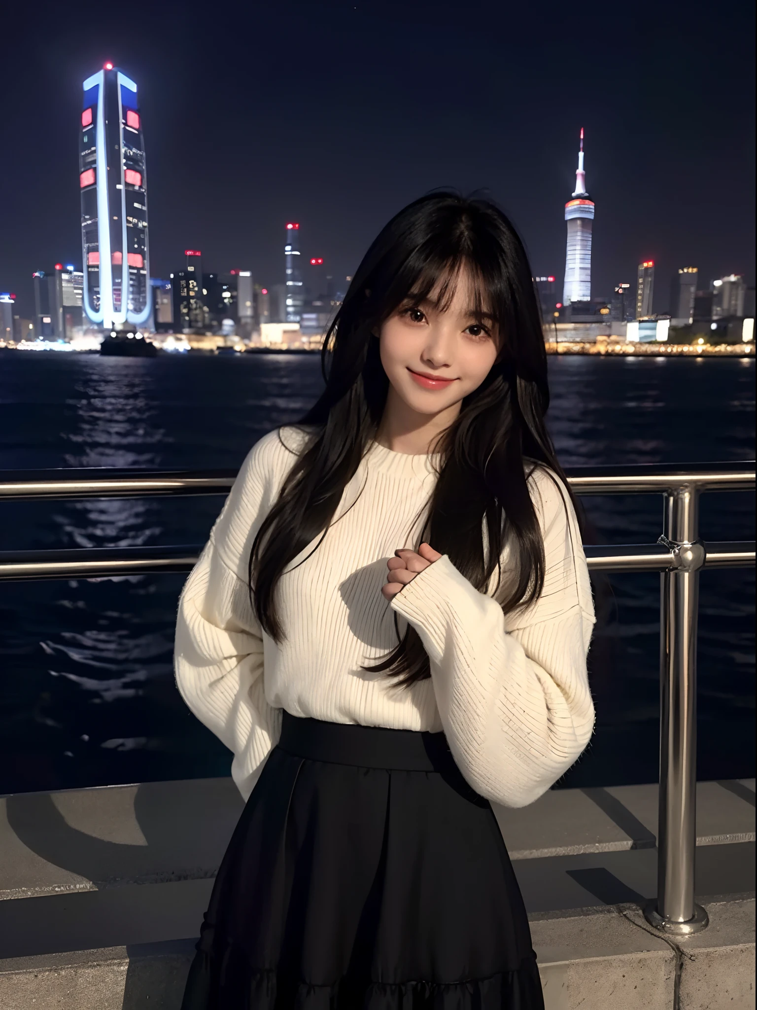 girl with1a person、16Year old girl、cute face、Coquettish smile、a small nose、Lustrous lips、tthin eyebrows、Pretty eyes、Very long black hair、Silky long straight hair、Beautiful bangs、Delicate figure、Sweaters、long-sleeve、long skirt、pleatedskirt、espadrilles、night view of Tokyo