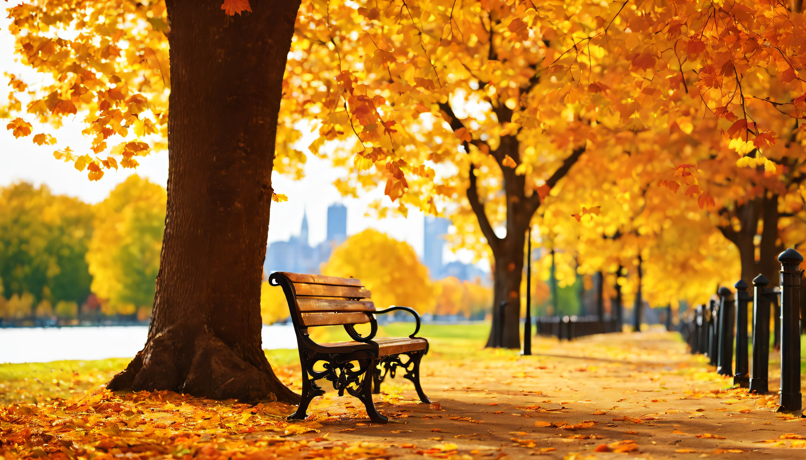 there is a bench that is sitting in the left of a park, beautiful high resolution, golden autumn, beautiful wallpaper, autumn season, hd wallpaper, in the autumn, during autumn, benches, in autumn, beautiful image, autumn tranquility, bench, autumn background, high quality wallpaper, autumn leaves falling, in fall, sitting on a park bench