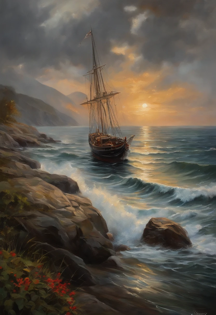 Real picture((Oil paints ))Landscape painting,acrycle painting,Brush strokes,With unparalleled realism,ultrawide,ominous skies,Sail ships,Wooden boats,Lotus,Huge waves,Starry night,Harry Potter,voluminetric lighting,Clearing,Realistic,james gurney,art stations,((Paint with oil painting))