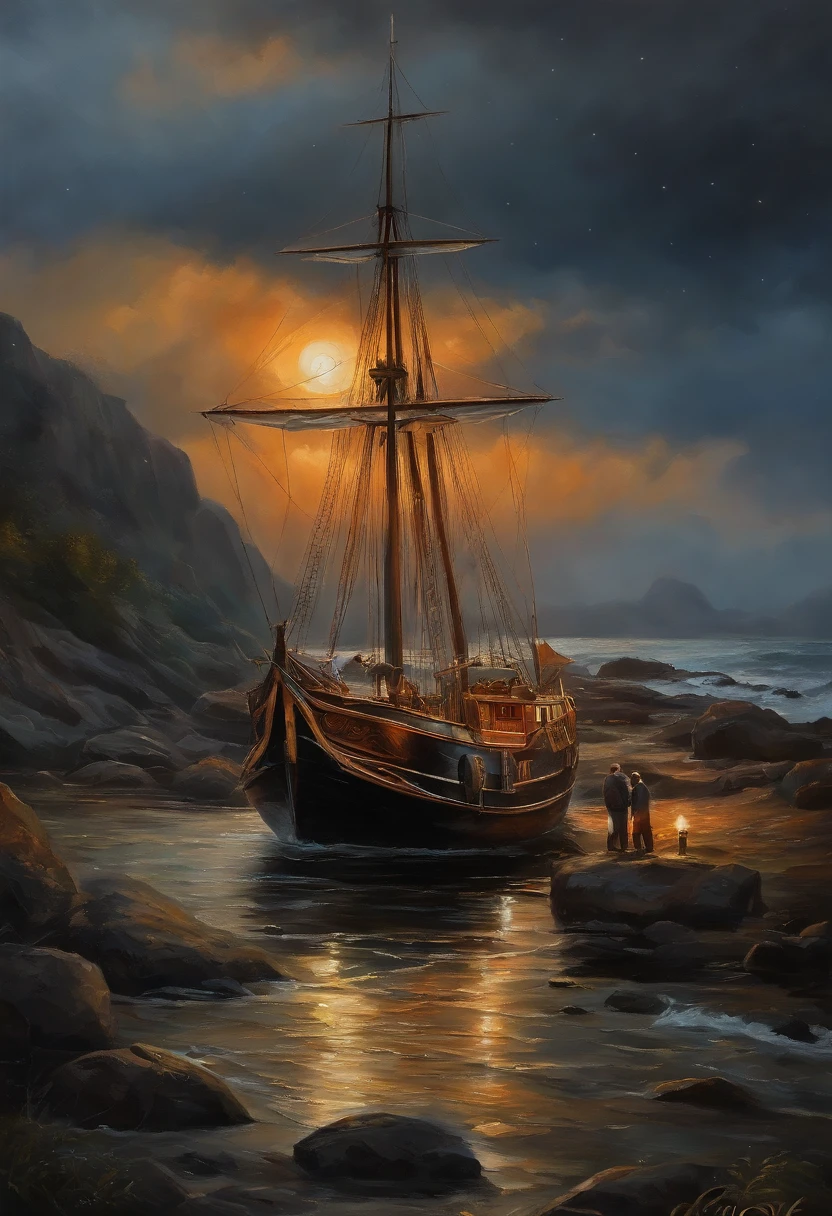 Real picture（（Oil paints ））Landscape painting,acrycle painting，Brush strokes，With unparalleled realism,ultrawide,ominous skies,Sail ships,Wooden boats,Lotus,Huge waves,Starry night,Harry Potter,voluminetric lighting,Clearing,Realistic,james gurney,art  stations，（（Paint with oil painting））