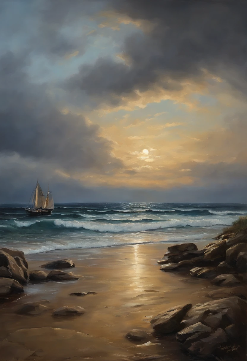 Real picture（（Oil paints ））Landscape painting,acrycle painting，Brush strokes，With unparalleled realism,ultrawide,ominous skies,Sail ships,Wooden boats,Lotus,Huge waves,Starry night,Harry Potter,voluminetric lighting,Clearing,Realistic,james gurney,art  stations，（（Paint with oil painting））
