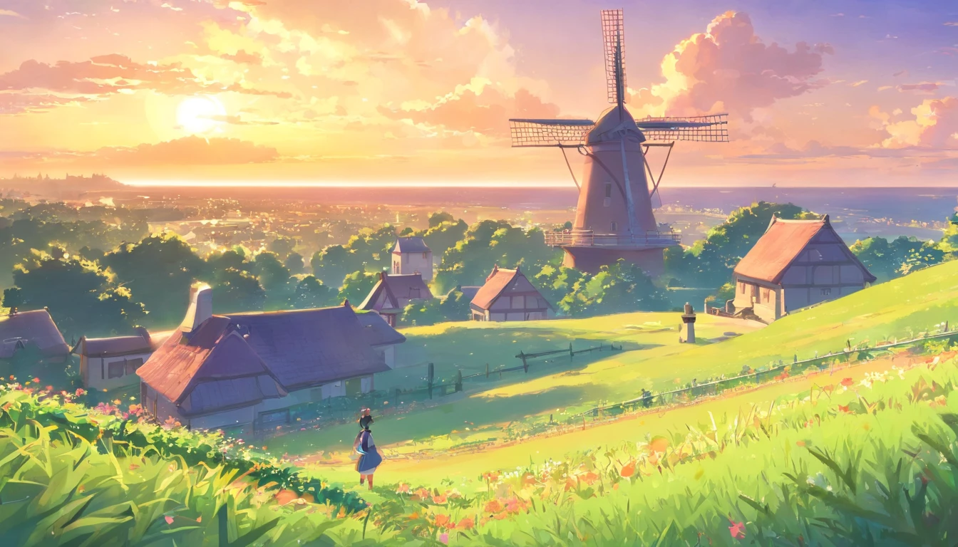 17th century European style,Blue sky,There are white clouds in the sky,Underground is Dutch architecture,There are big windmills,Landscape photos,There is no one in the field of vision,Masterpiece,8k