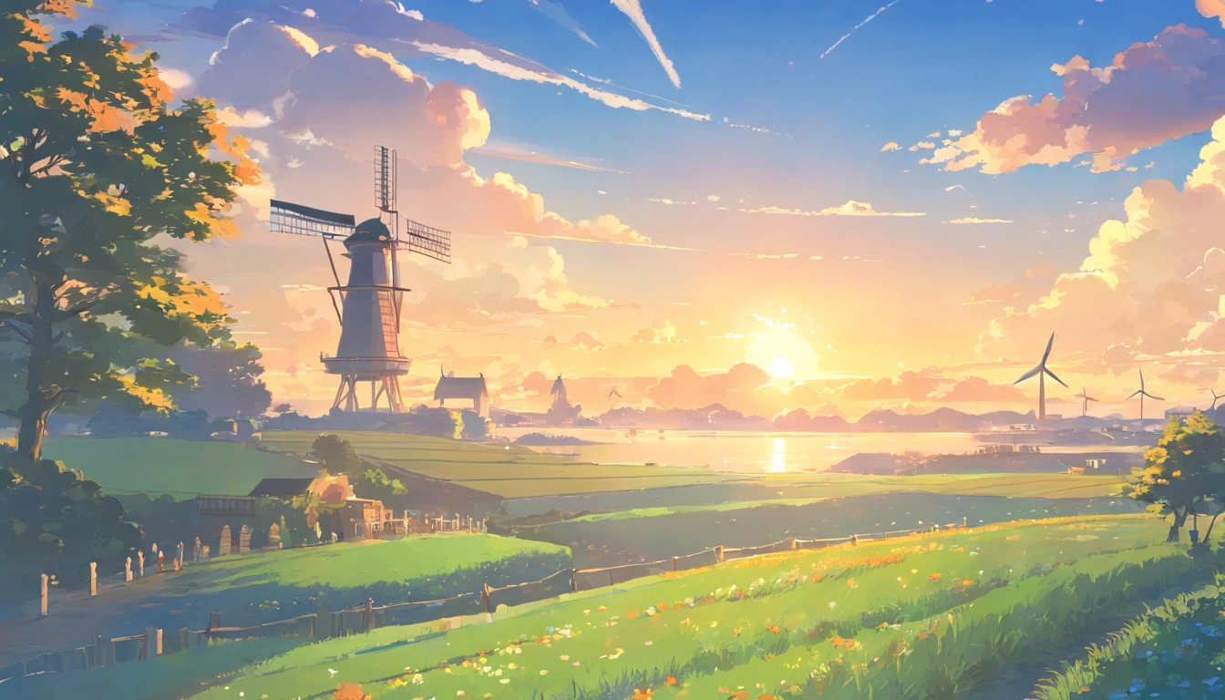 17th century European style,Blue sky,There are white clouds in the sky,Underground is Dutch architecture,There are big windmills,Landscape photos,There is no one in the field of vision,Masterpiece,8k