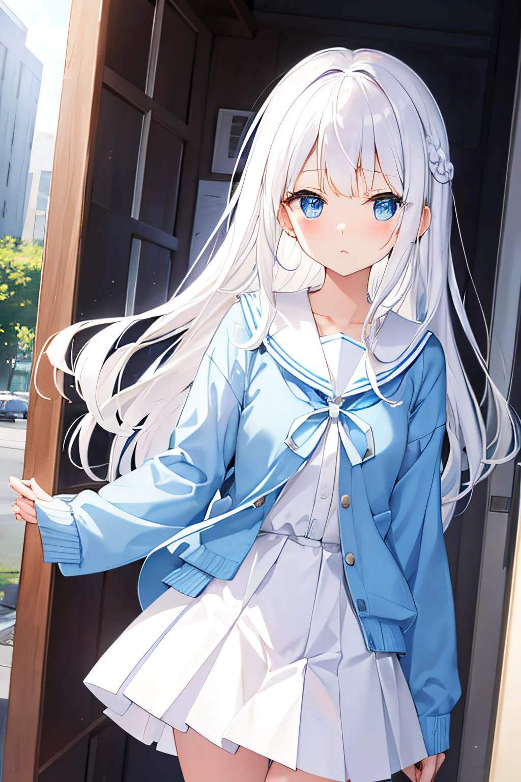 white  hair、Light blue eyes、White sailor suit、I'm wearing a light blue cardigan.、cute little、Plaid pleated skirt、lowfers