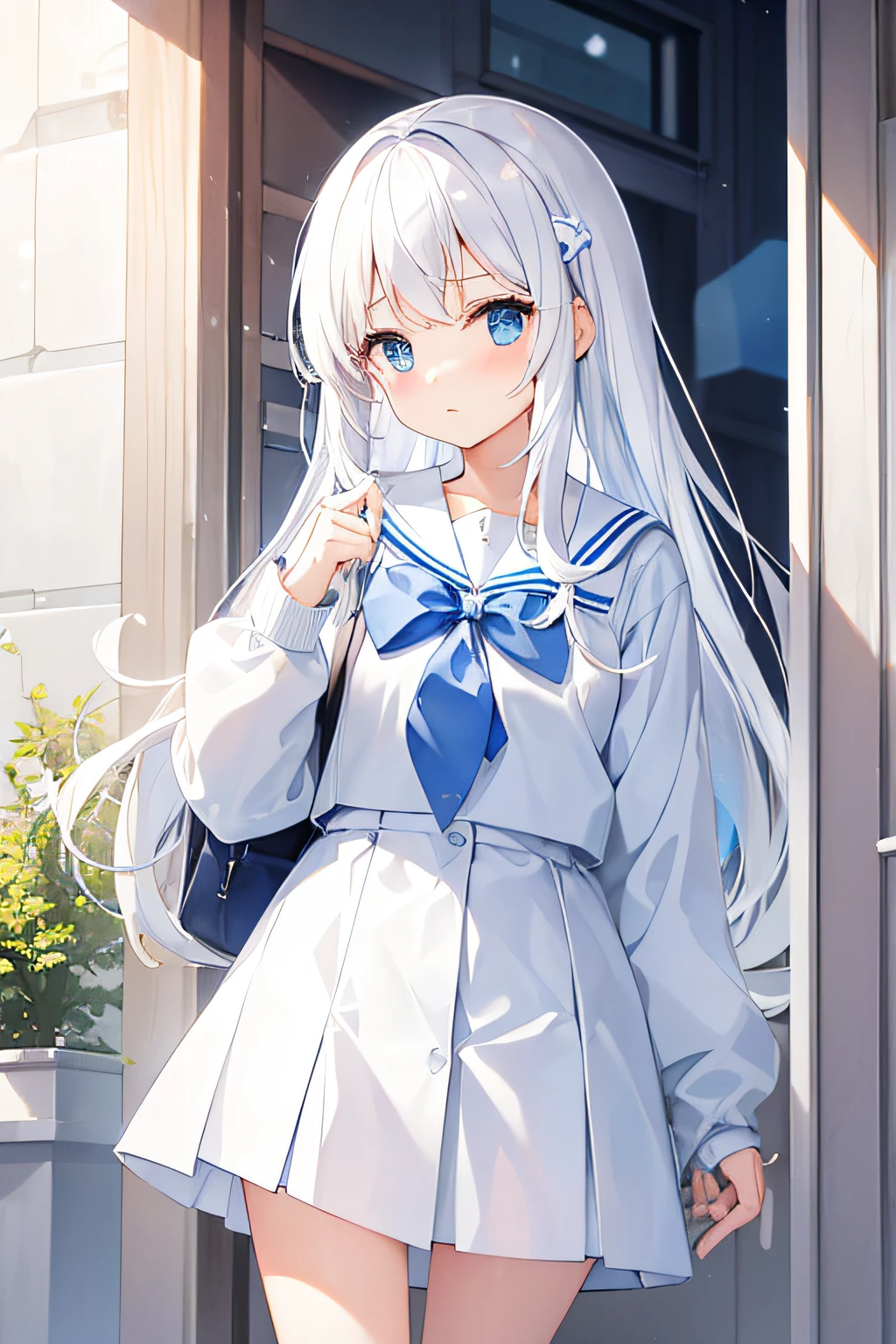 white hair、Light blue eyes、White sailor suit、I'm wearing a light blue cardigan.、cute little、Plaid pleated skirt、lowfers