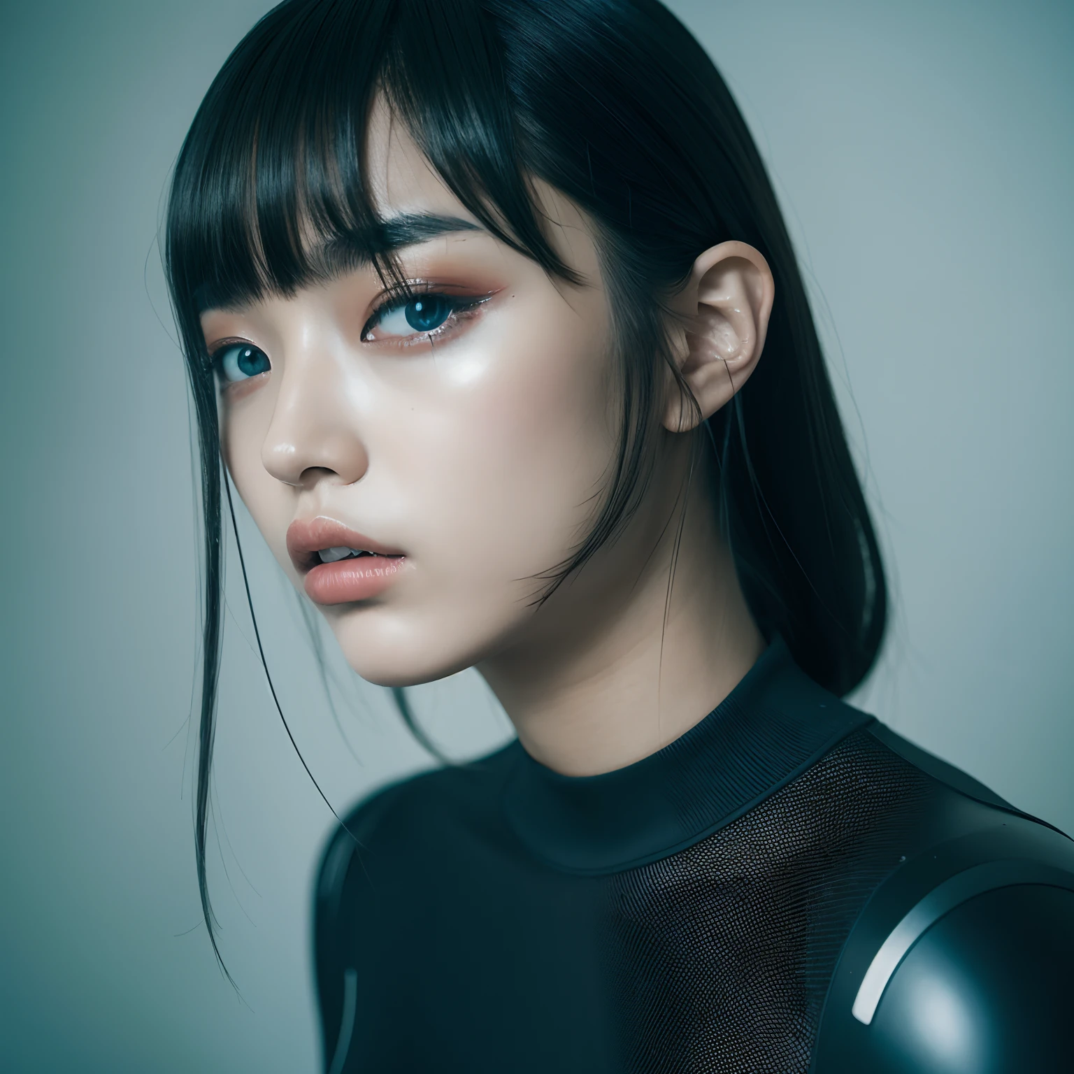 An award winning photography of a cyborg Japanese woman. high editorial photo, wearing futuristic normcore fashion, glossy lips, double eyelids, hyper res