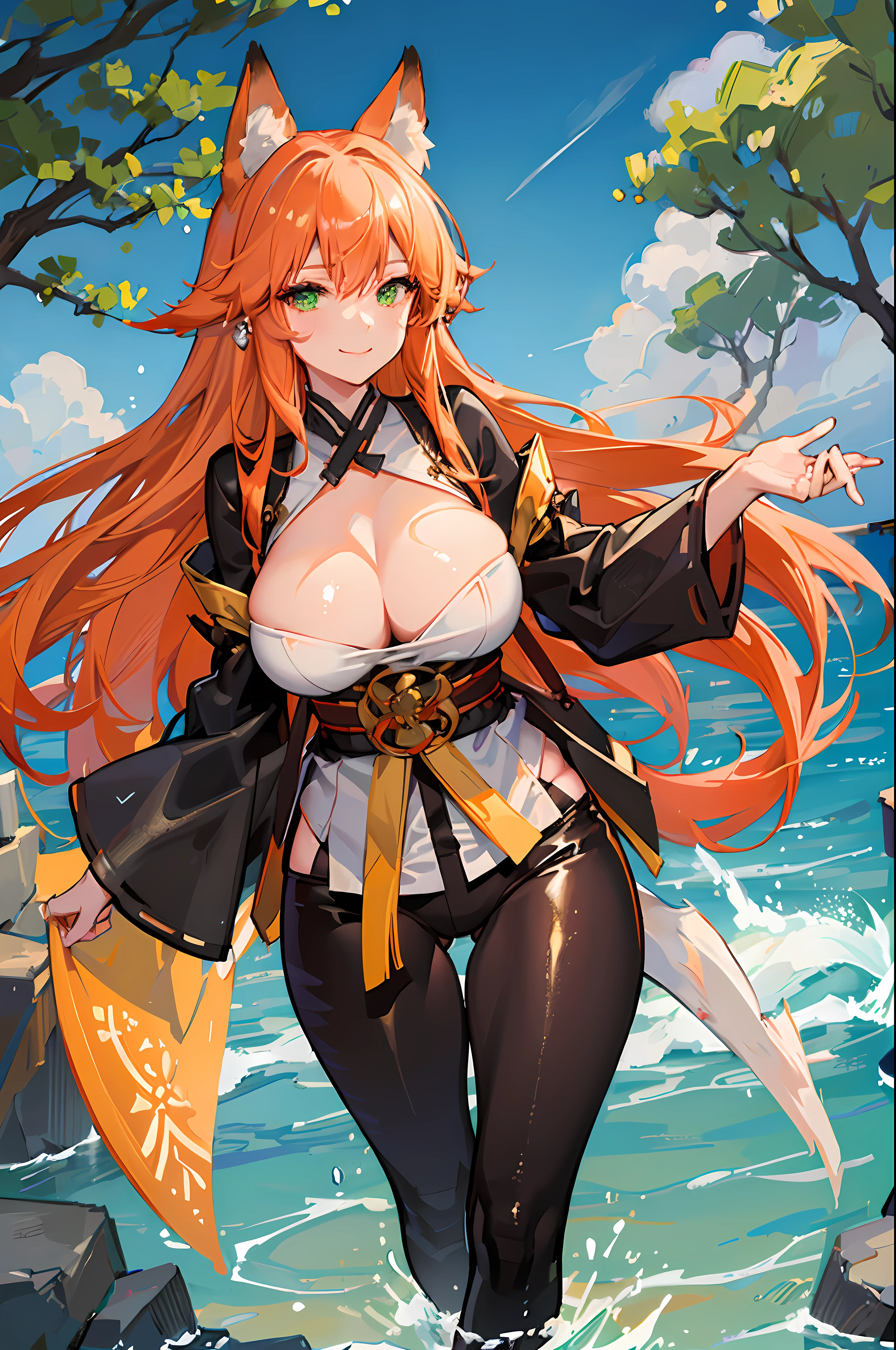 (Masterpiece, best quality, beautiful eyes, highly detailed, high res), 1girl, fox girl, fox ears, fox tail, orange hair, green eyes, miko, Japanese priestess, goddess, Miko clothing, mature woman, big breasts, massive breasts, massive cleavage, sexy, shiny skin, wet skin, water temple, water, wet clothes, shiny clothes, beautiful face, mommy body, divine, smiling, tight clothes, thick thighs,