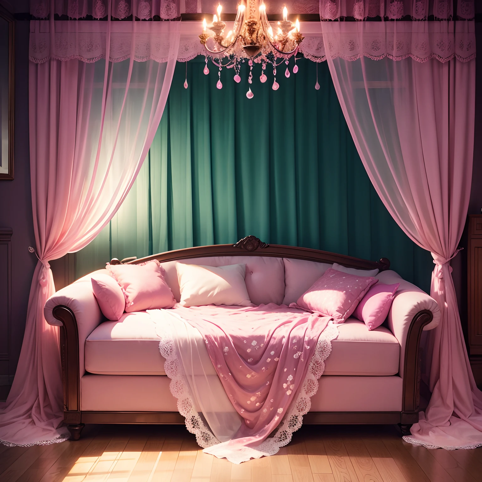 Lace curtains Pink sofa Mint color wallpaper Table in the form of flowers Cherry Lights