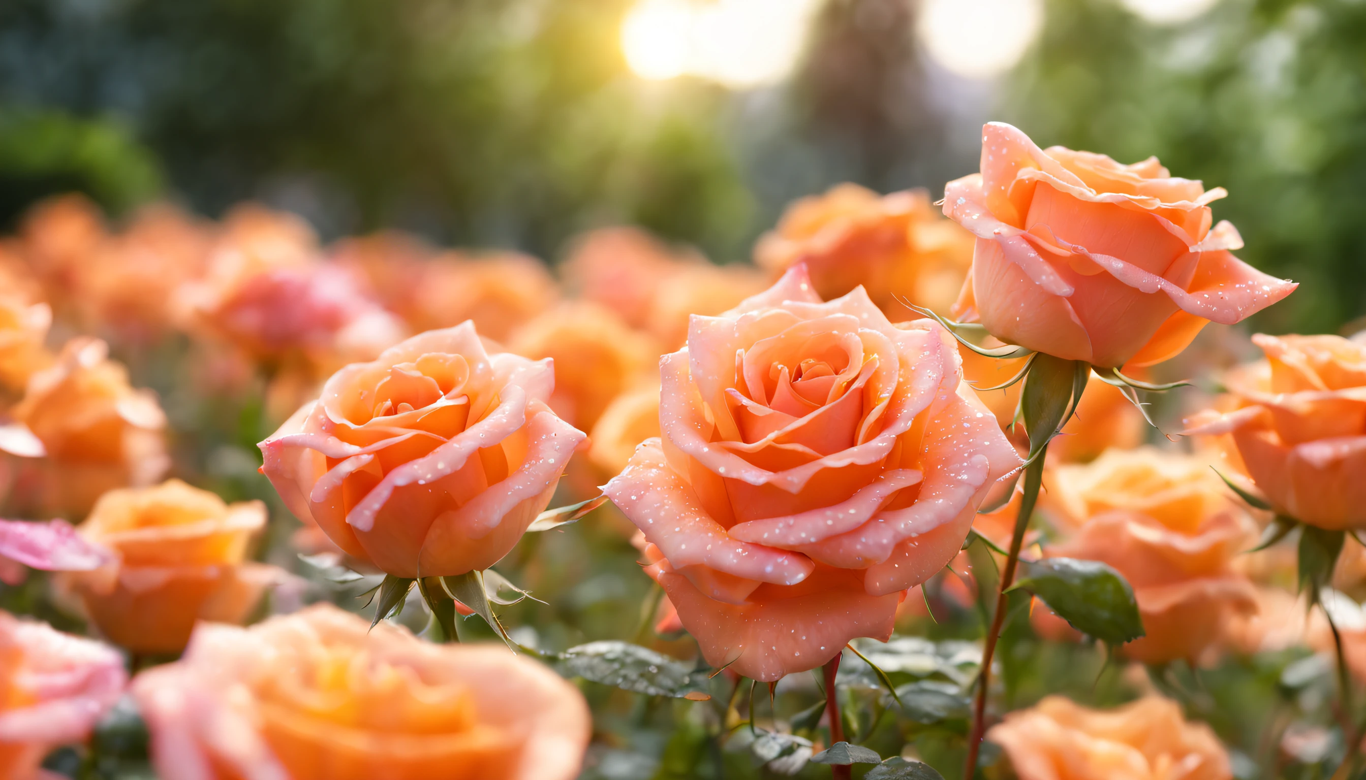Many pinkish orange color rose flowers in the garden and sunlight with bokeh, dew drops on flower petals (masterpiece, ultra quality, high resolution, 8k, intricate: 1.2), (masterpiece), (best quality:1)
