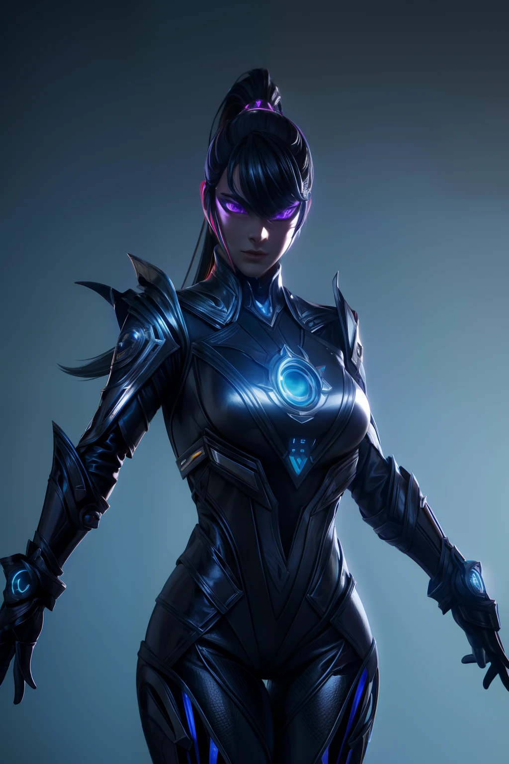solo, super fine photo, portrait digital art Unreal Engine 5 8K UHD of a girl, concept art, character concept design, wearing black tight shiny suit with cybernetic details, high-tech armor, long black glove, ponytail hair, half face cybernetic mask, cyberpunk character, futuristic city fantasy background, best quality, masterpiece, super detailed, sharp focus, female pose