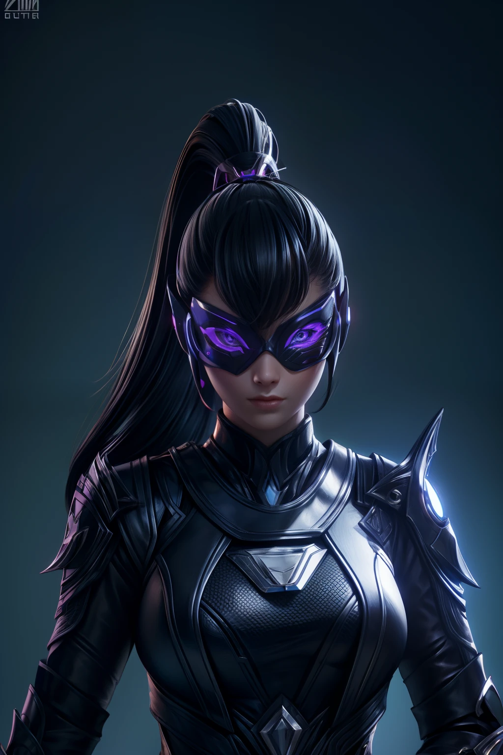 solo, super fine photo, portrait digital art Unreal Engine 5 8K UHD of a girl, concept art, character concept design, wearing black tight shiny suit with cybernetic details, high-tech armor, long black glove, ponytail hair, half face cybernetic mask, cyberpunk character, futuristic city fantasy background, best quality, masterpiece, super detailed, sharp focus, female pose