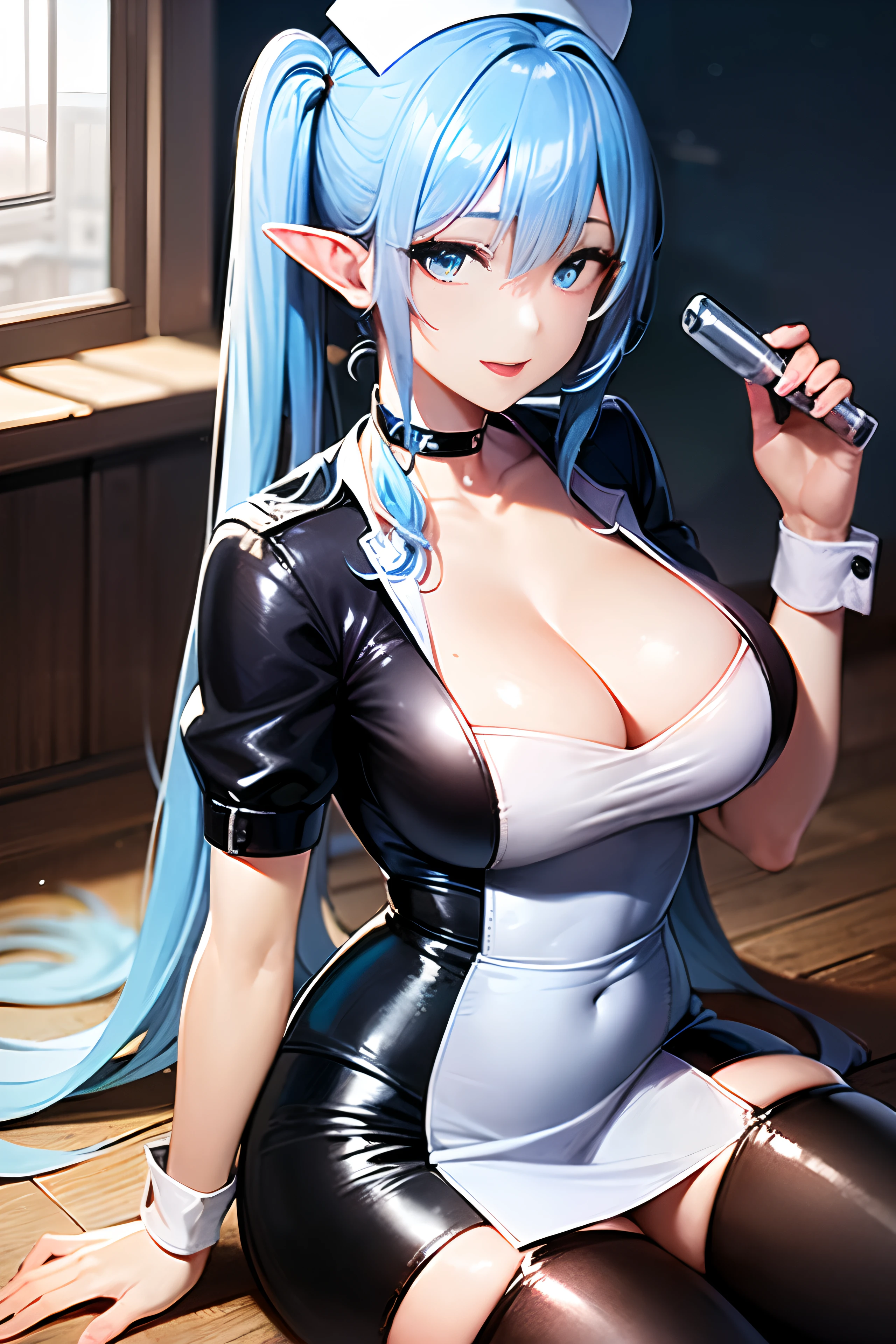 ((Kyoto Animation Style)), super precision, masterpiece, very extremely beautiful, Princess Face, ((One adult woman)), ((Solo:1.5)), Big eyes, ((sky blue hair:2.0)), (Blue eyes:1.5), ((Very long hair)), ((Straight hair)), ((poneyTail:1.5)), ((Large breasts)), elf-ears, ((耳Nipple Ring:1.5)), BREAK, ((a black choker:1.5)), Faint lips, Professional Lighting, (25 years old), Narrow waist, Shiny skin, ((Oiled skin)), glistning skin, Looking at Viewer, (Latex skirt A black:1.5), ((Garter Bert)), (Shiny Black_Stockings:1.5), Black stilettos_heels, ((nurse's outfit:1.5)), ((Nurse Cap:1.5)), hospitals, Hospital room, ((A smile)), ((cowboy shot:1.5)), skinny thigh, Sexy, half-opened mouth, serving, frombelow,