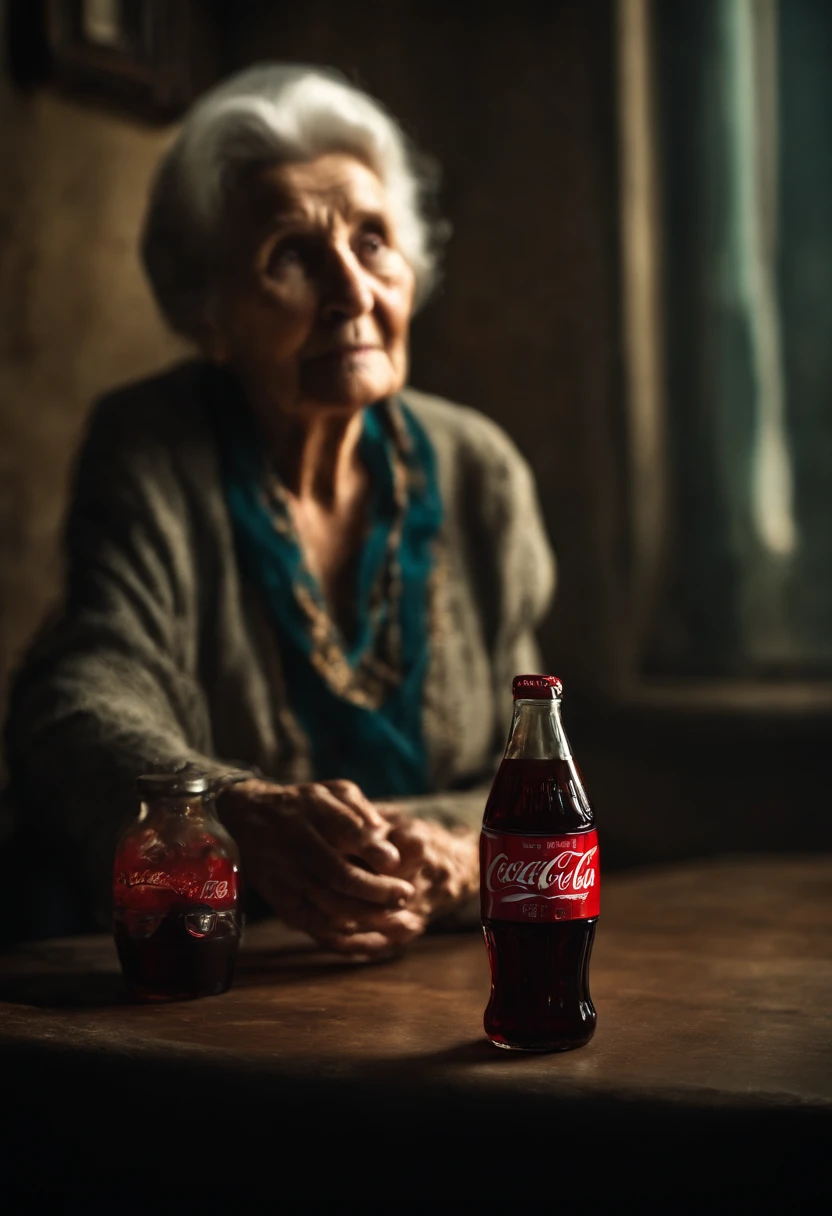 Old woman with scary face in 70 years old she is standing holding a bottle of coca cola dark scenery dim light old in a room has many people behind her on a blurred background perfection of great quality in masterpiece of extraordinary details