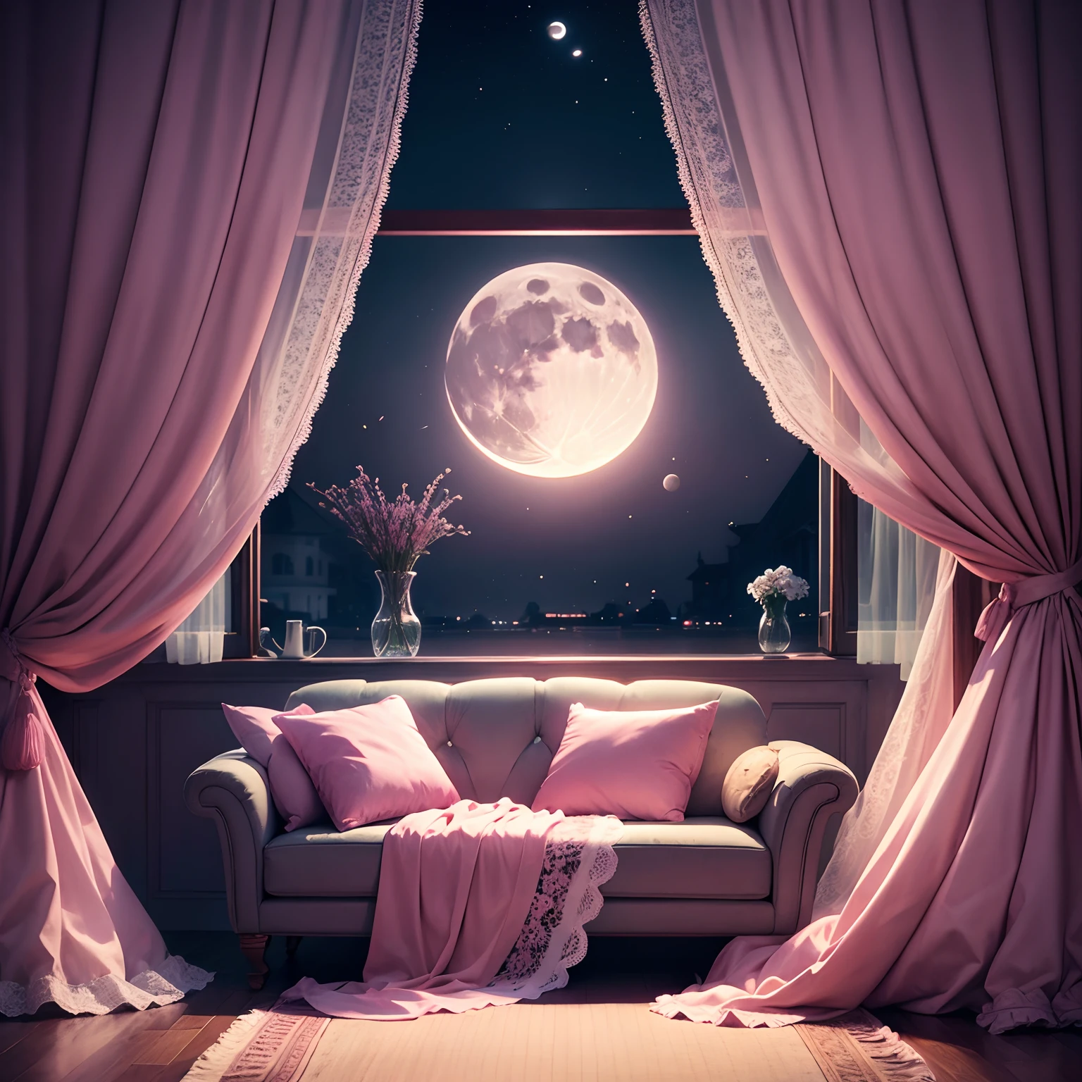 Lace curtains Pink sofa Mint Color Wallpaper Table in the form of flowers The moon seen through the cherry light window