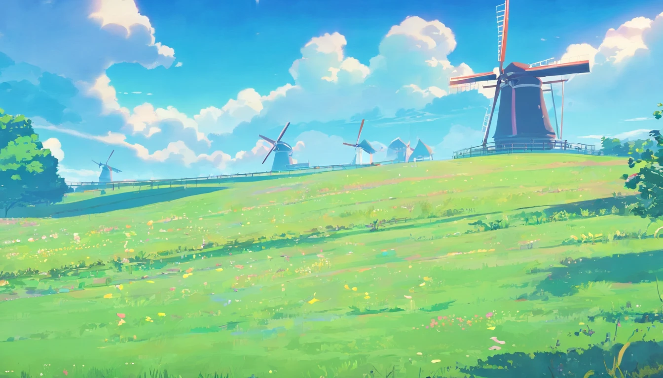 17th century European style,Blue sky,There are white clouds in the sky,Underground is Dutch architecture,There are big windmills,Landscape photos,There is no one in the field of vision,Masterpiece,8K